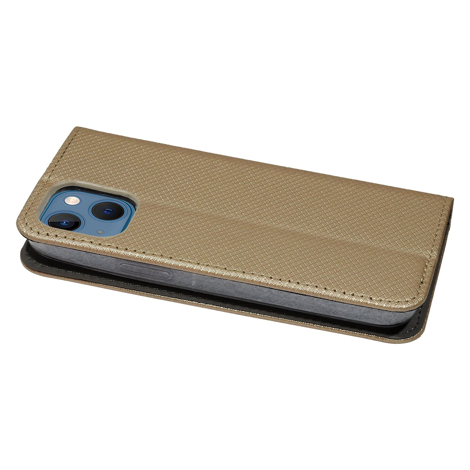 Geöffnete goldene Handyhülle, die ein Telefon zeigt. Die Hülle hat ein strukturiertes Muster.