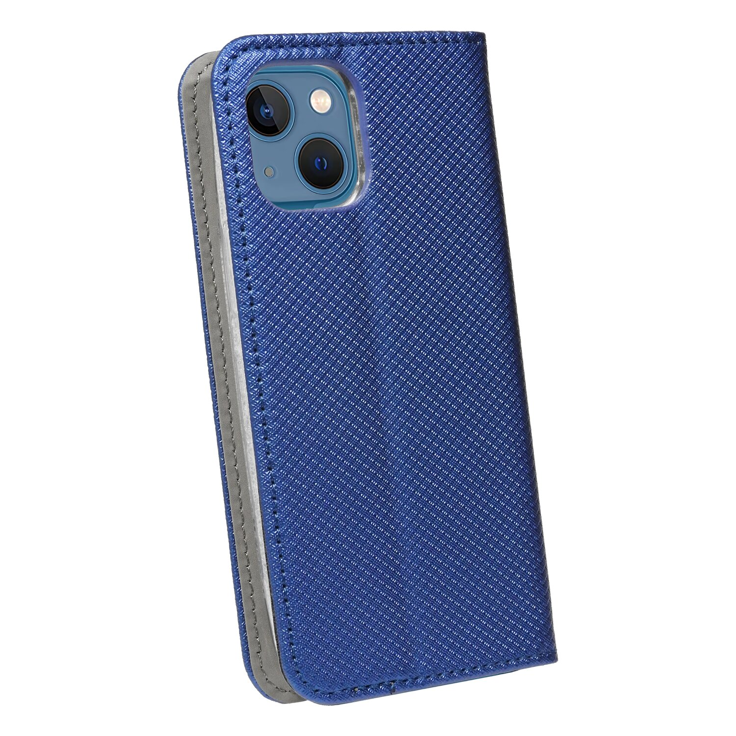 Eine blaue Handyhülle mit einem Telefon darin. Die Hülle zeigt die Kameraausschnitte.