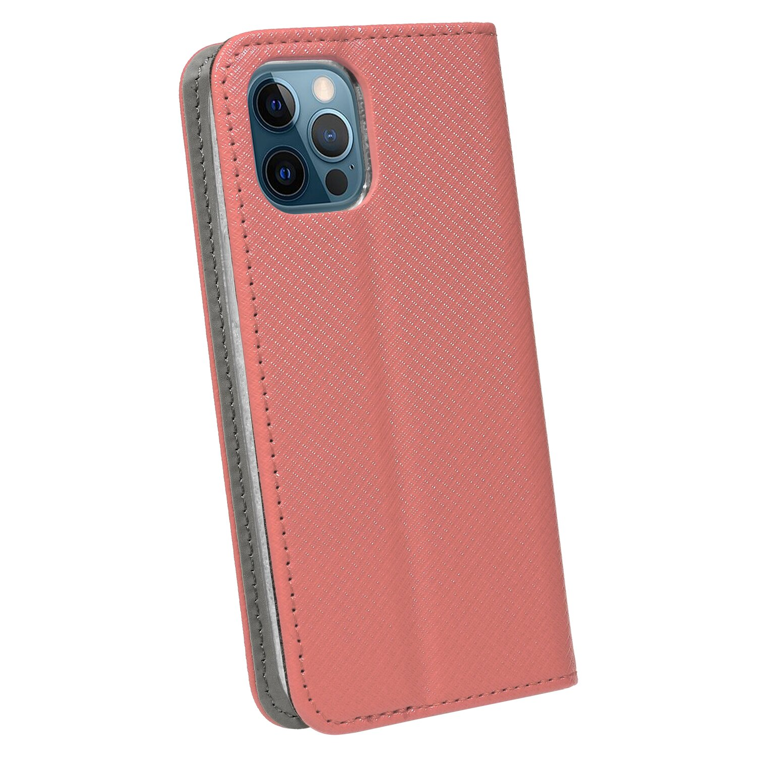 Eine rosa Handyhülle mit strukturiertem Muster, geschlossen. Telefonkamera sichtbar.