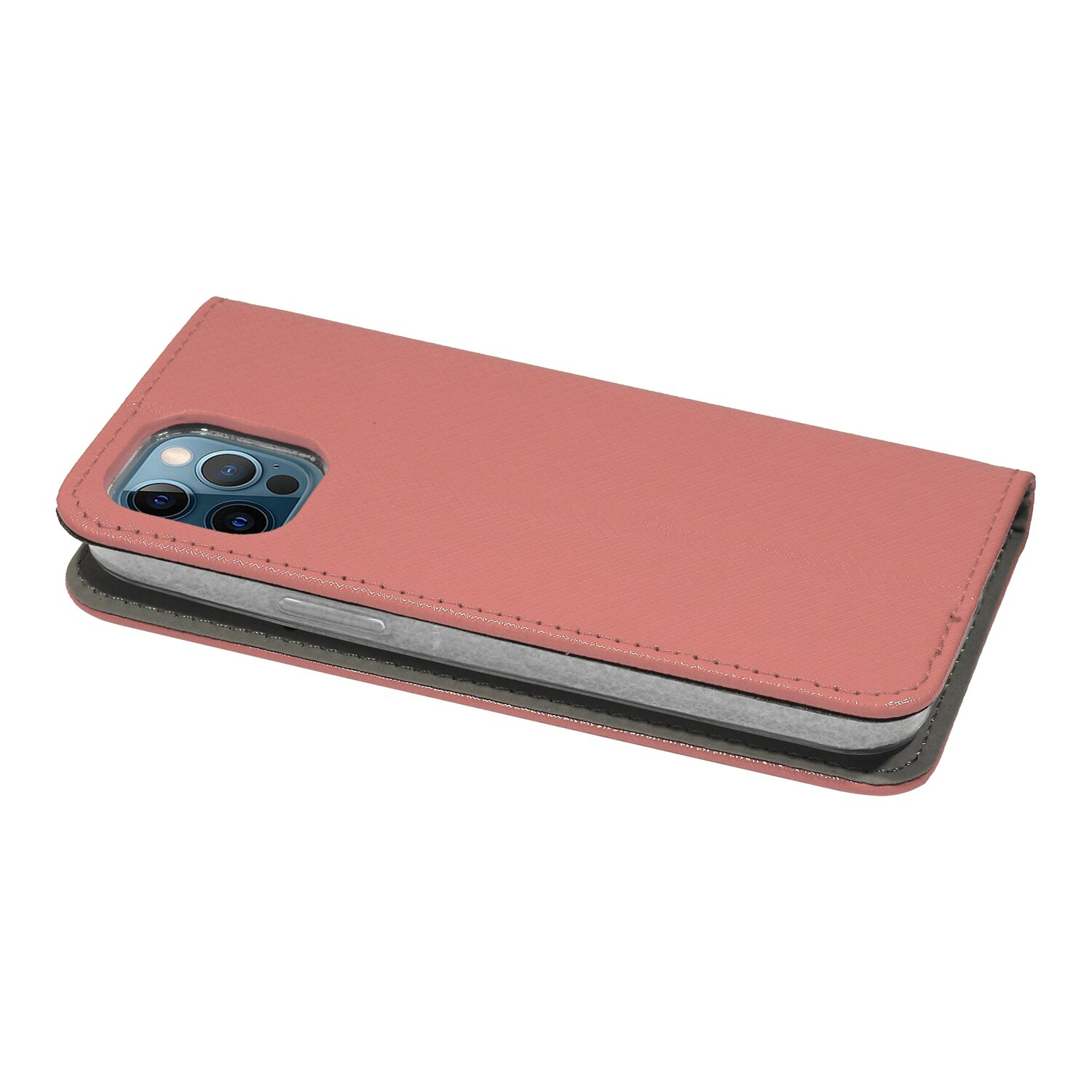 Eine rosa Handyhülle ist geöffnet und zeigt ein Telefon. Die Hülle liegt auf einer weißen Oberfläche.
