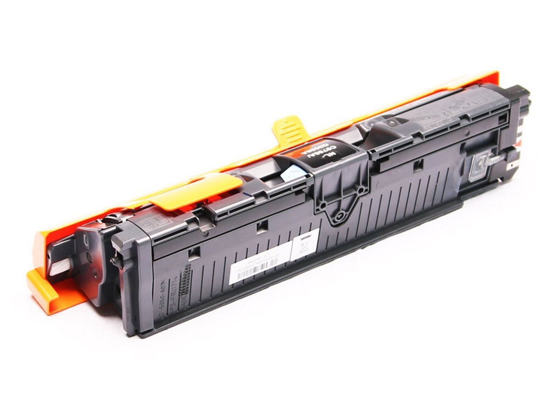 Orange-schwarze Tonerkartusche, weißer Hintergrund.