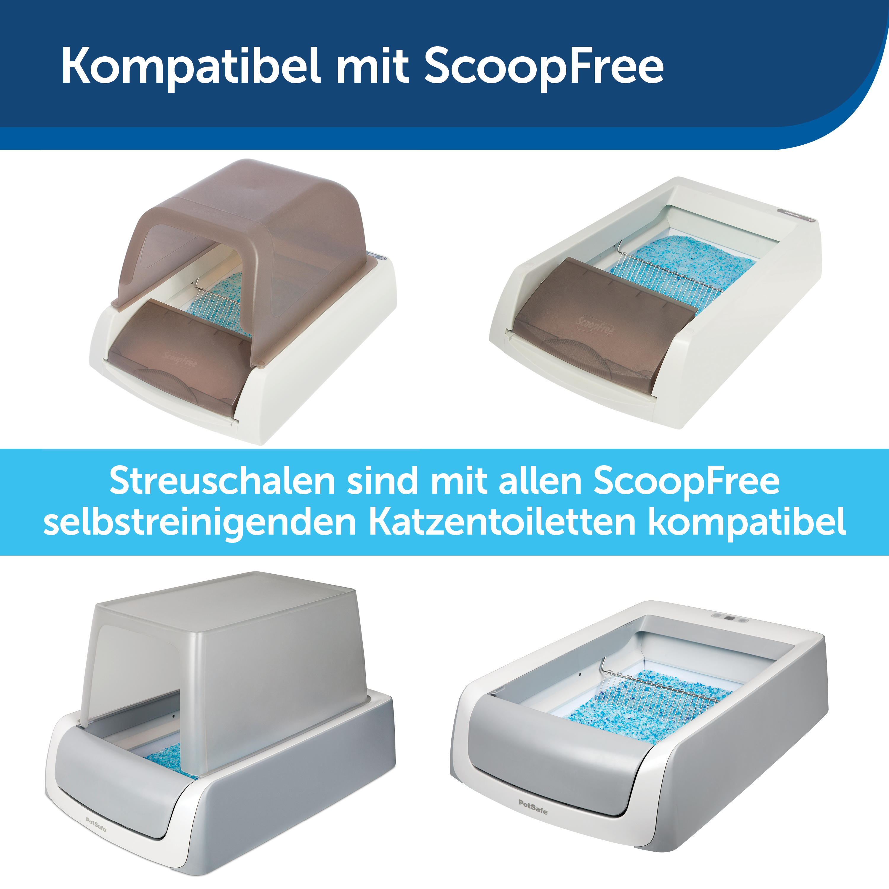 Vier Katzentoiletten, zwei offen und zwei geschlossen, mit Text zur ScoopFree-Kompatibilität.