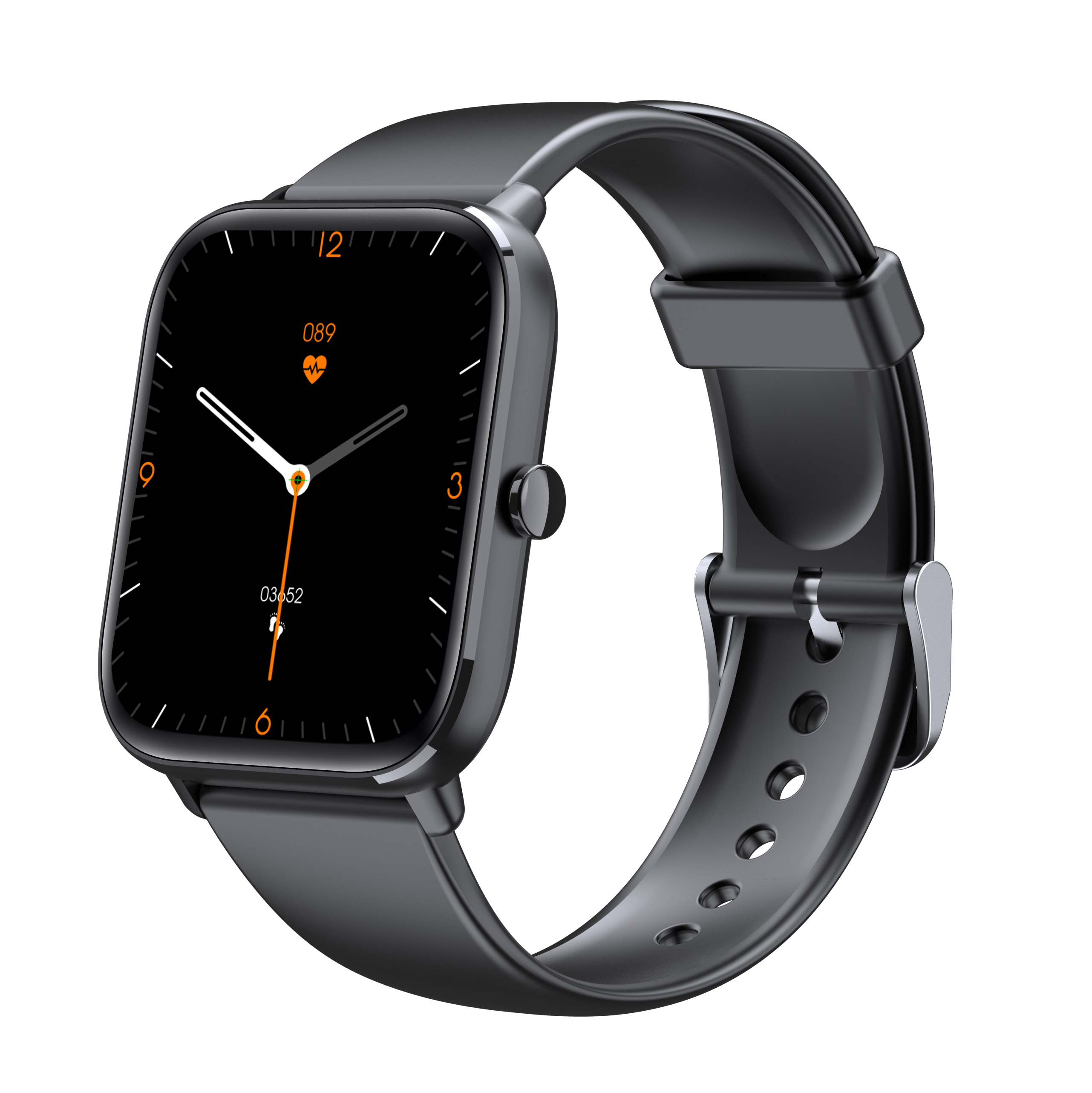 Smartwatch mit schwarzem Armband und schwarzem quadratischen Display. Die Uhr zeigt Zeit und ein Herzsymbol.