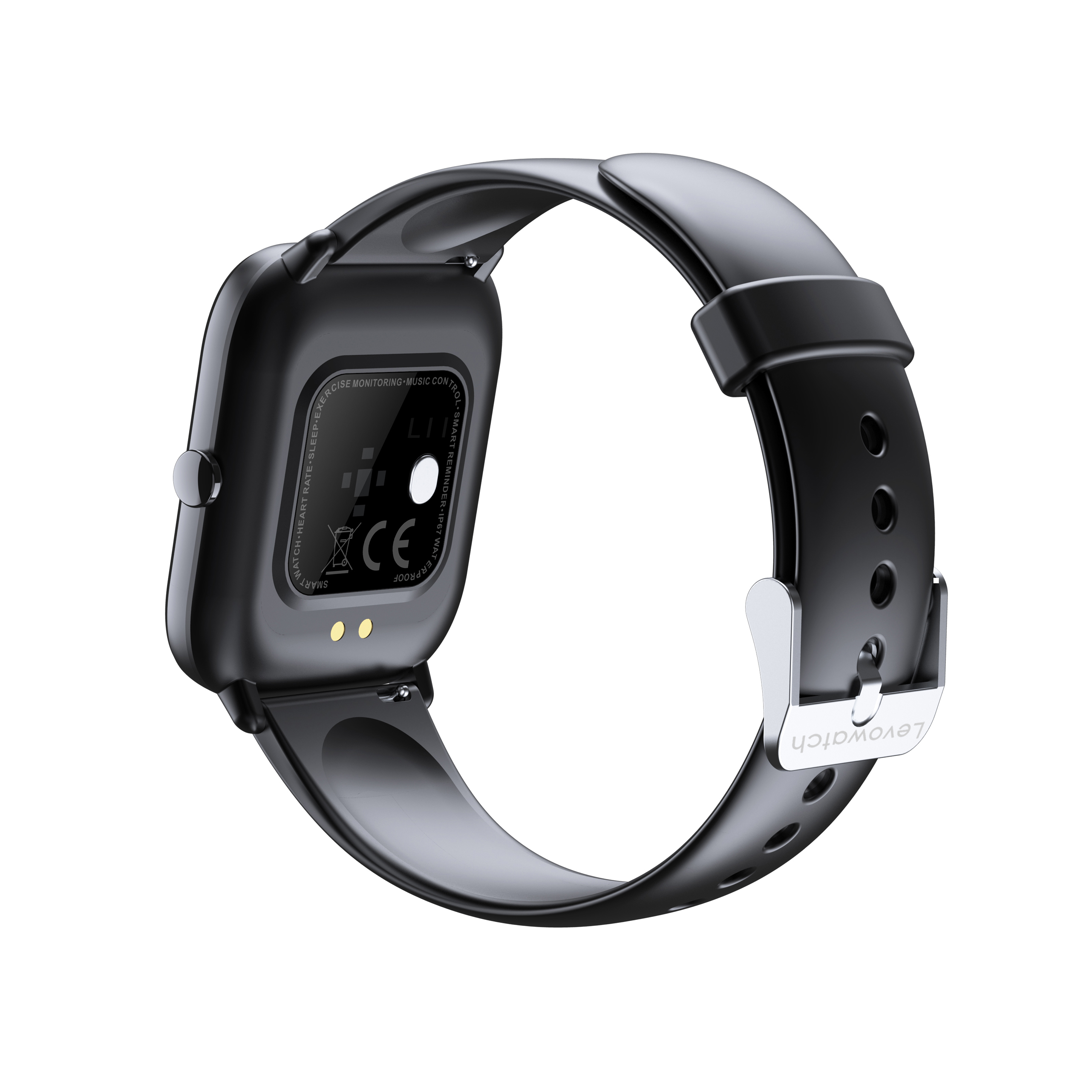 Schwarze Smartwatch, Rückansicht. Zeigt Sensoren und einen Verschluss. Das Uhrenarmband ist schwarz.