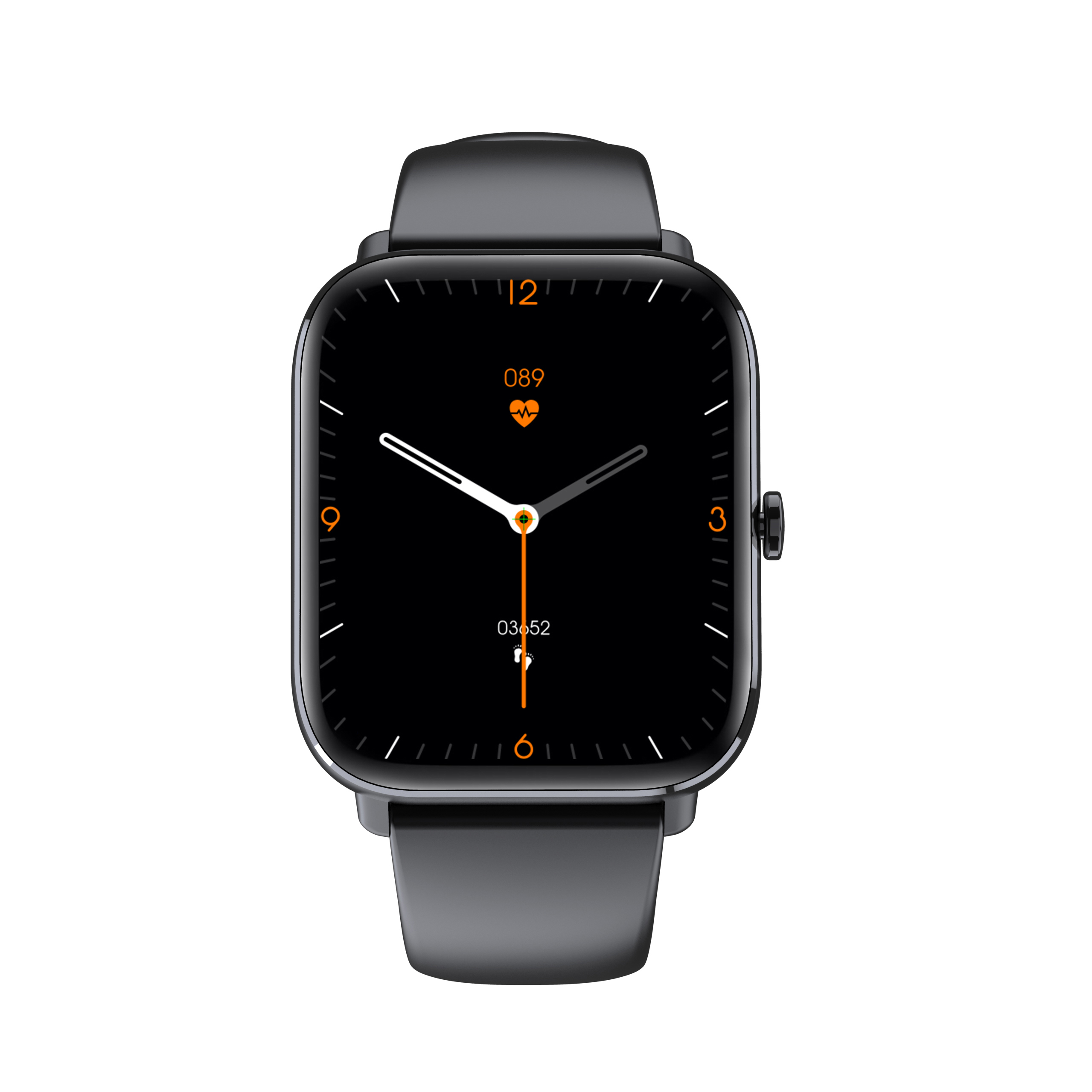 Smartwatch mit schwarzem Bildschirm. Zeigt Zeit, Herzfrequenz und Aktivitätsfortschritt an. Schwarzes Armband.