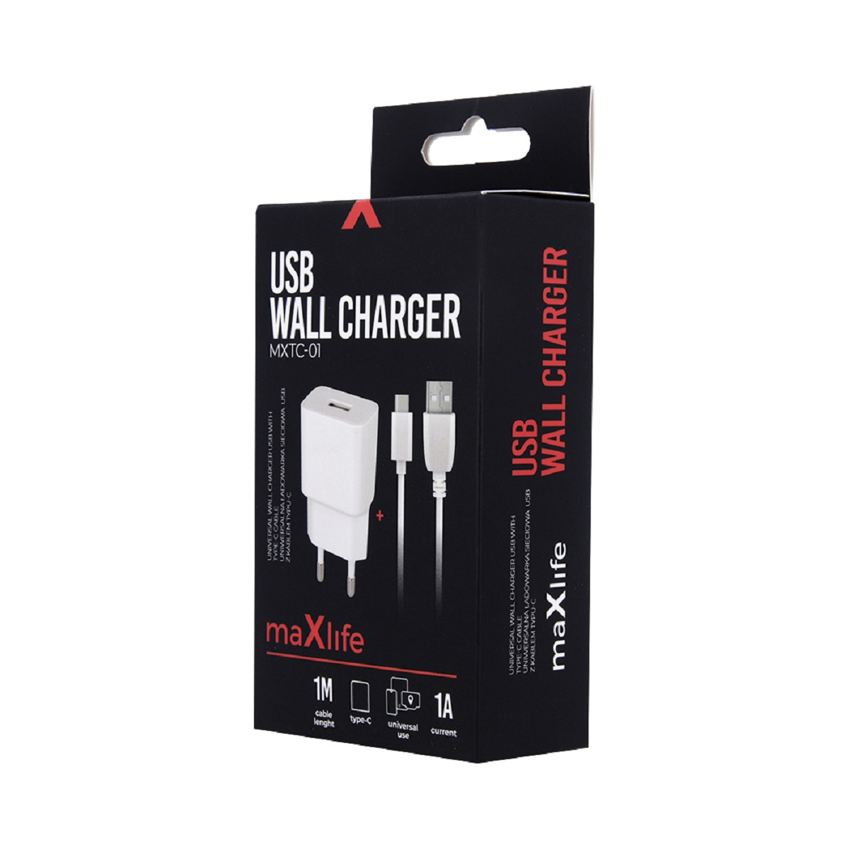 Schwarz-weißes USB-Wandladegerät in einer Box. Ein USB-Kabel ist davor. Auf der Box steht 'USB WALL CHARGER'.