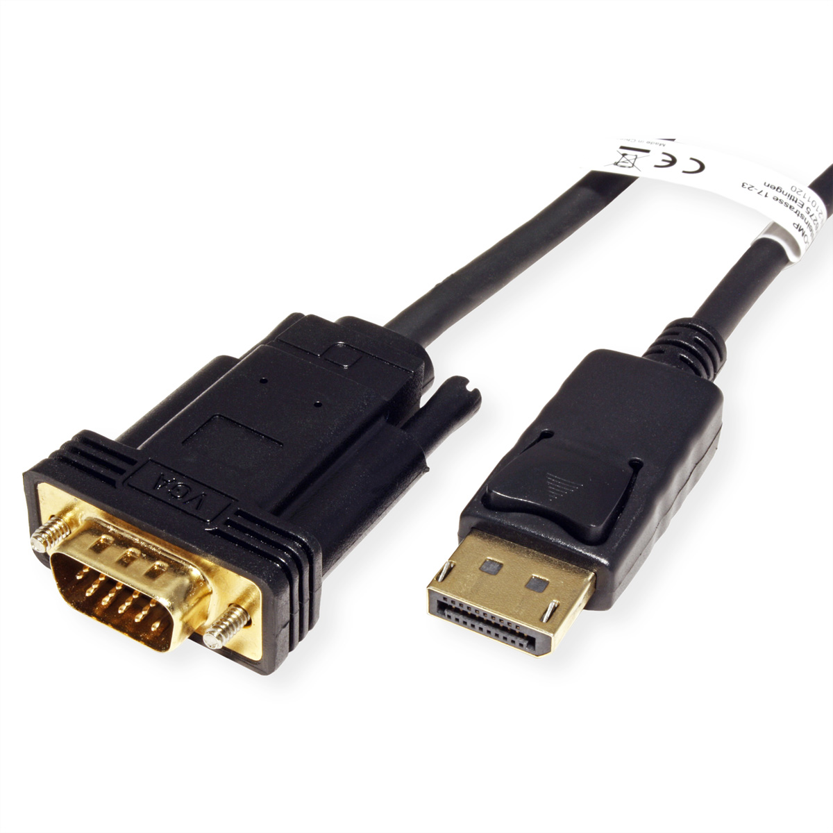 Czarny kabel VGA do DisplayPort z wtykami na każdym końcu. Złote piny widoczne na jednym.