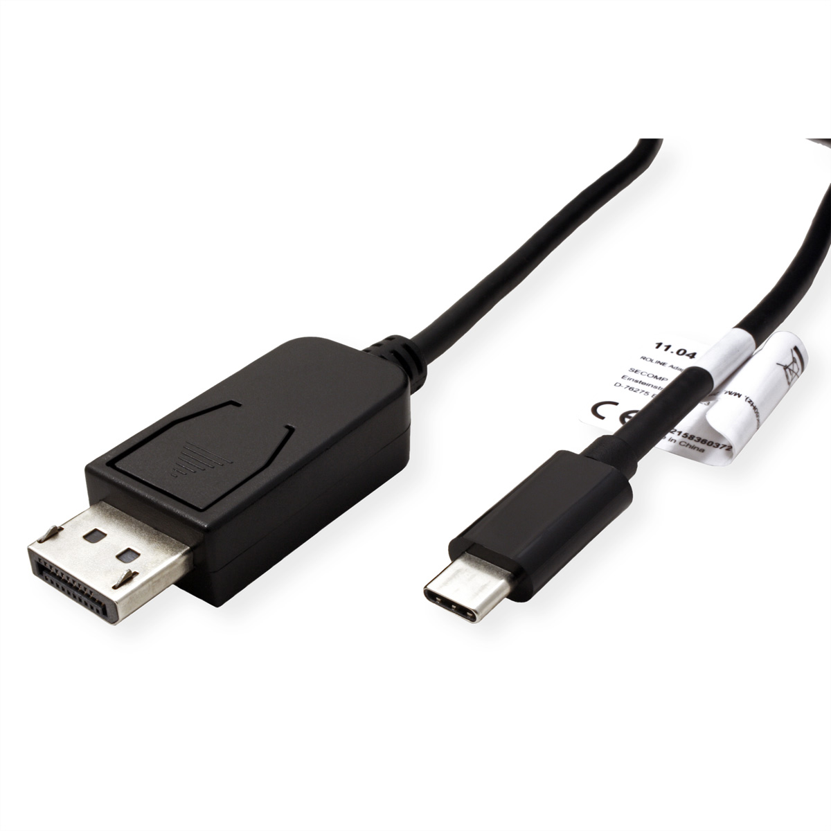 Connecteurs de câble USB-C et DisplayPort noirs isolés sur fond blanc, montrant les extrémités.