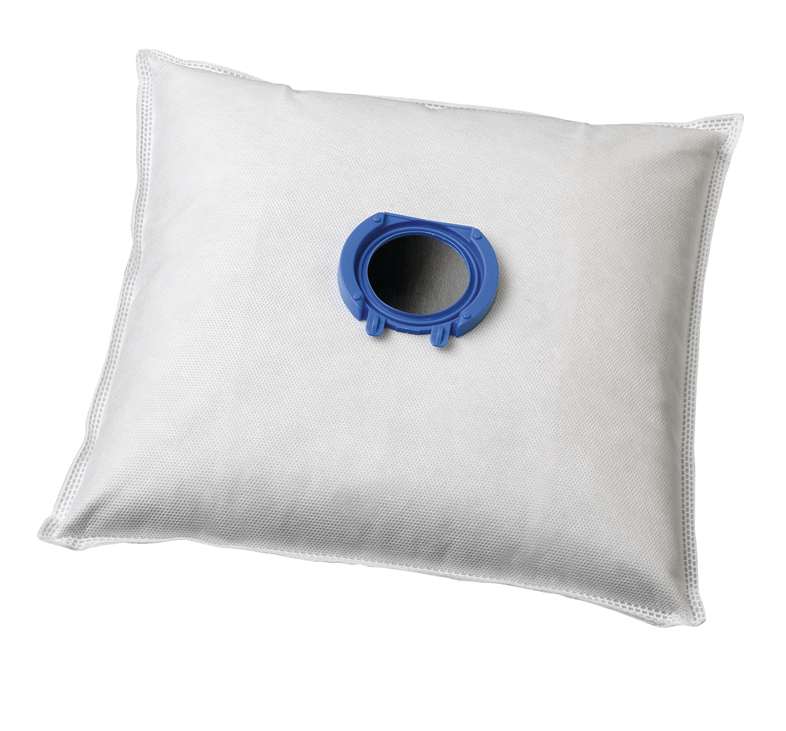 Ein weißer Staubsaugerbeutel mit einem blauen Kunststoffring.