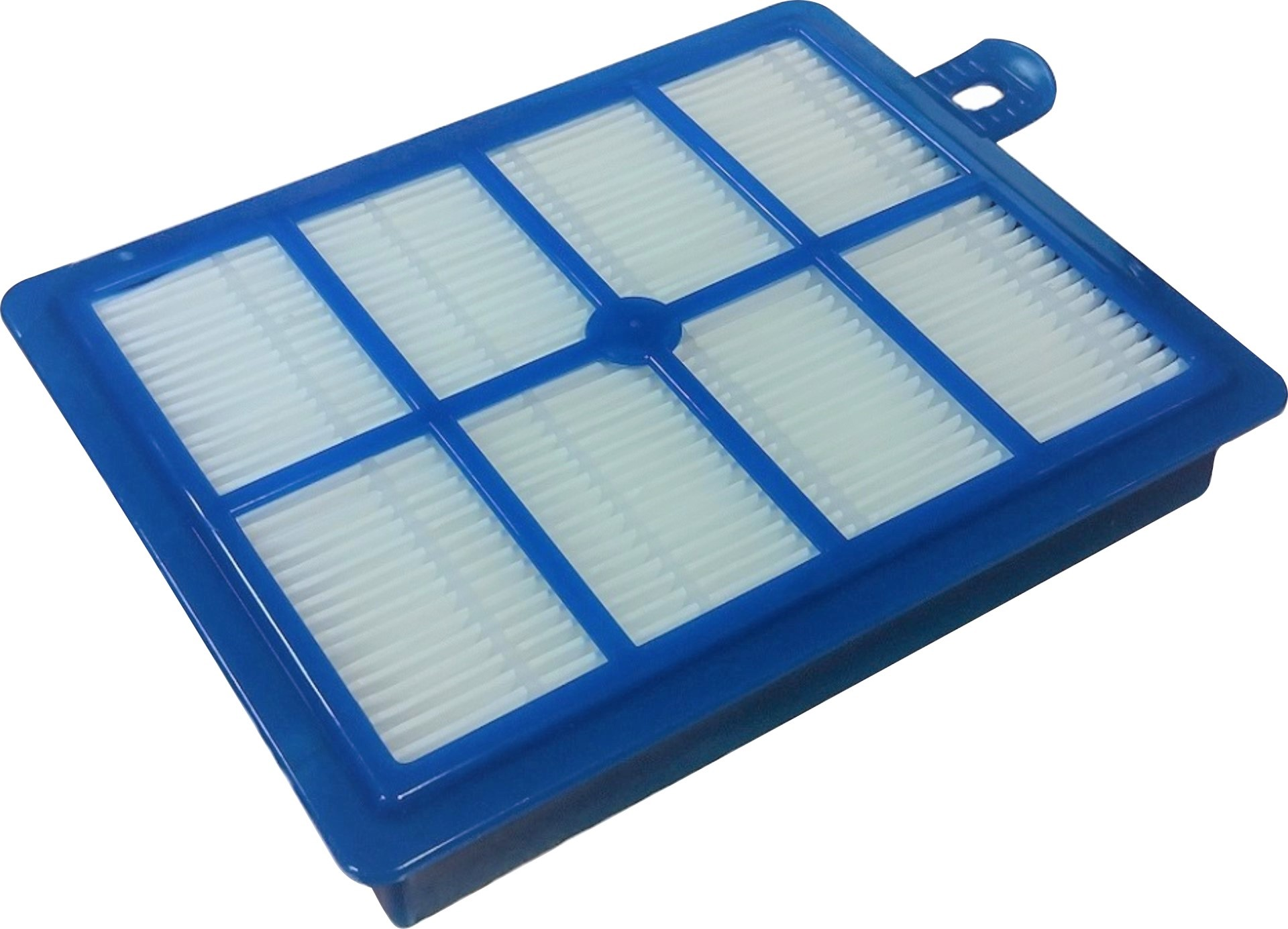 Blauer Staubsaugerfilter, rechteckig mit weißem, gefaltetem Filtermaterial im Inneren.