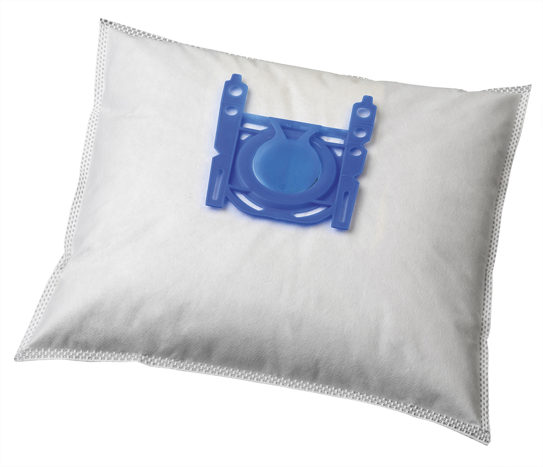 Weißer Staubsaugerbeutel. Blaue Kunststoffhalterung. Weißer Hintergrund. Beutel ist weiß, Halterung blau.
