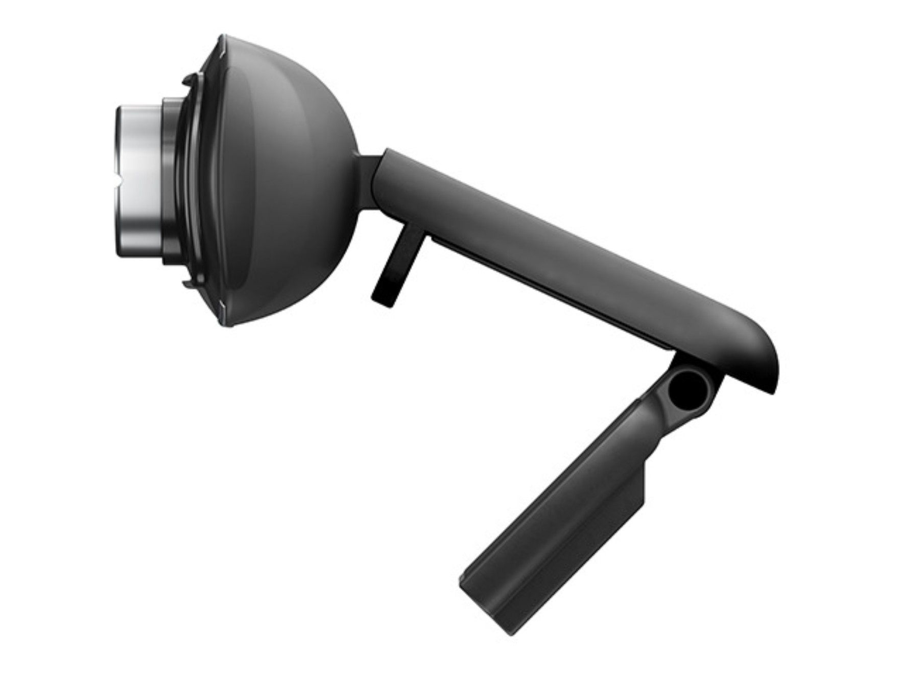 Czarna kamera internetowa z regulowanym stojakiem, na białym tle.