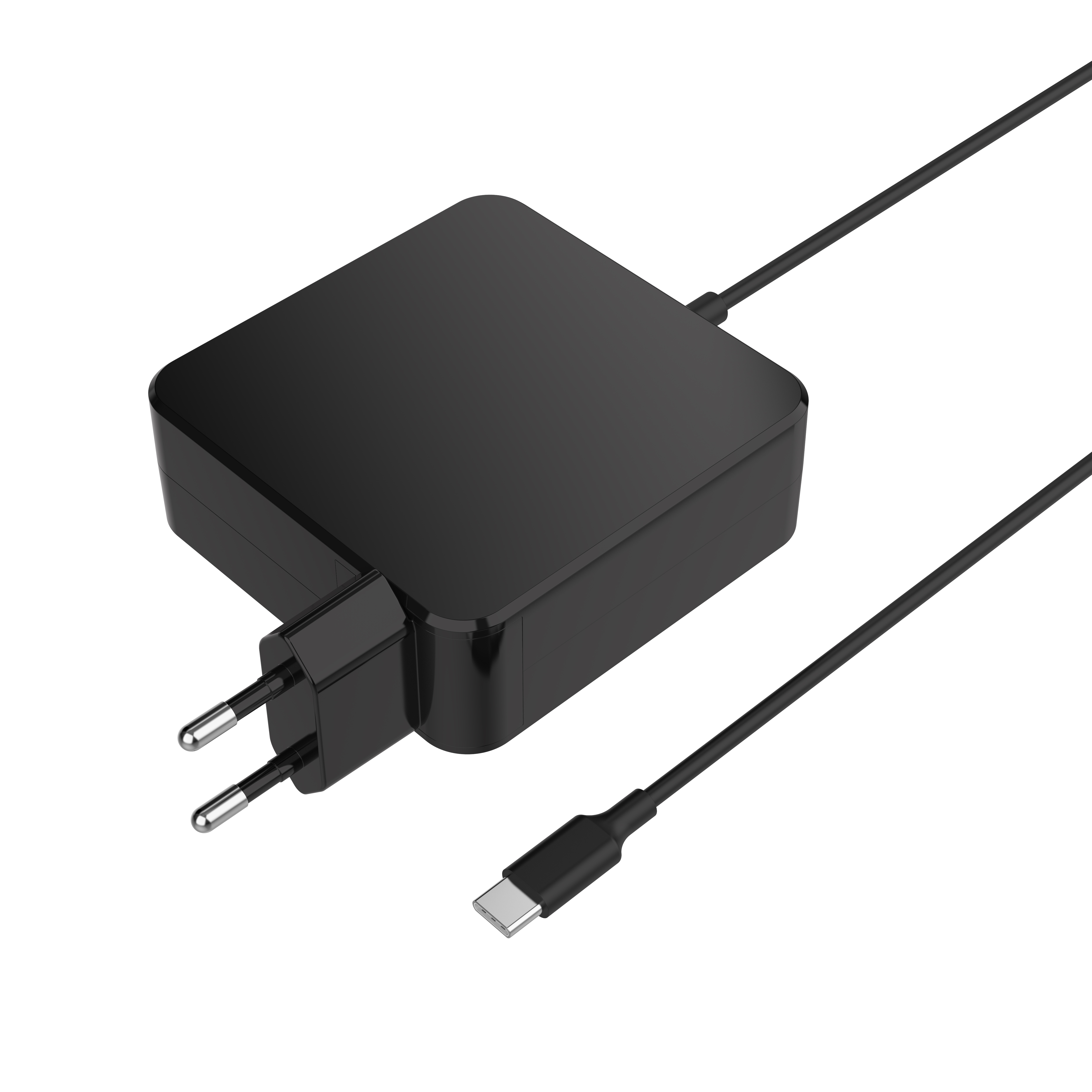 Cargador negro con enchufe europeo y cable USB-C sobre fondo blanco.