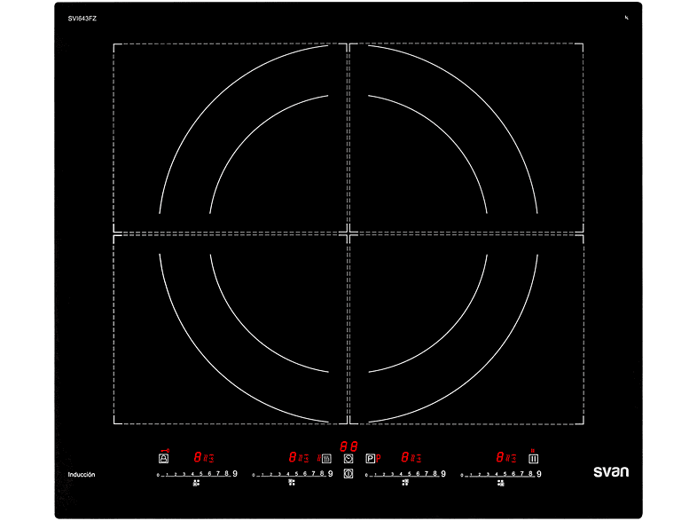 Placa de inducción - SVAN Placa Inducción Svan SVI643FZ Flexizone Cristal Negro 60 cm. Potencia 7,4 kW. Control Slider Táctil