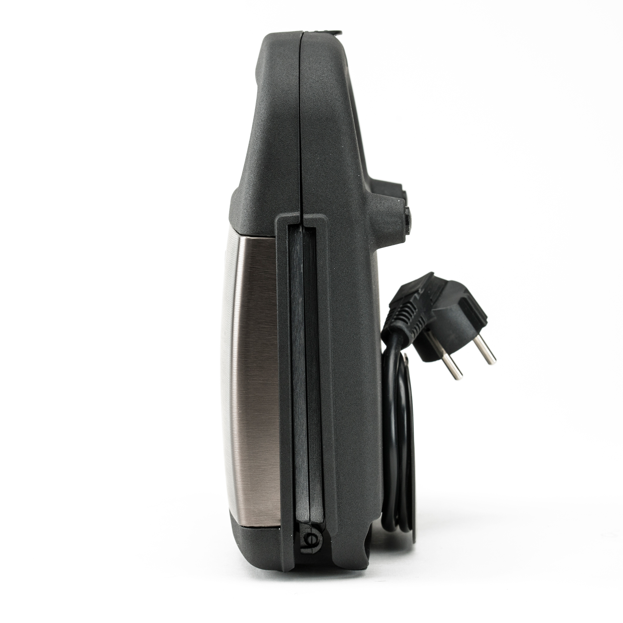 Grill elektryczny, metaliczny szary, z czarnym uchwytem i kablem.