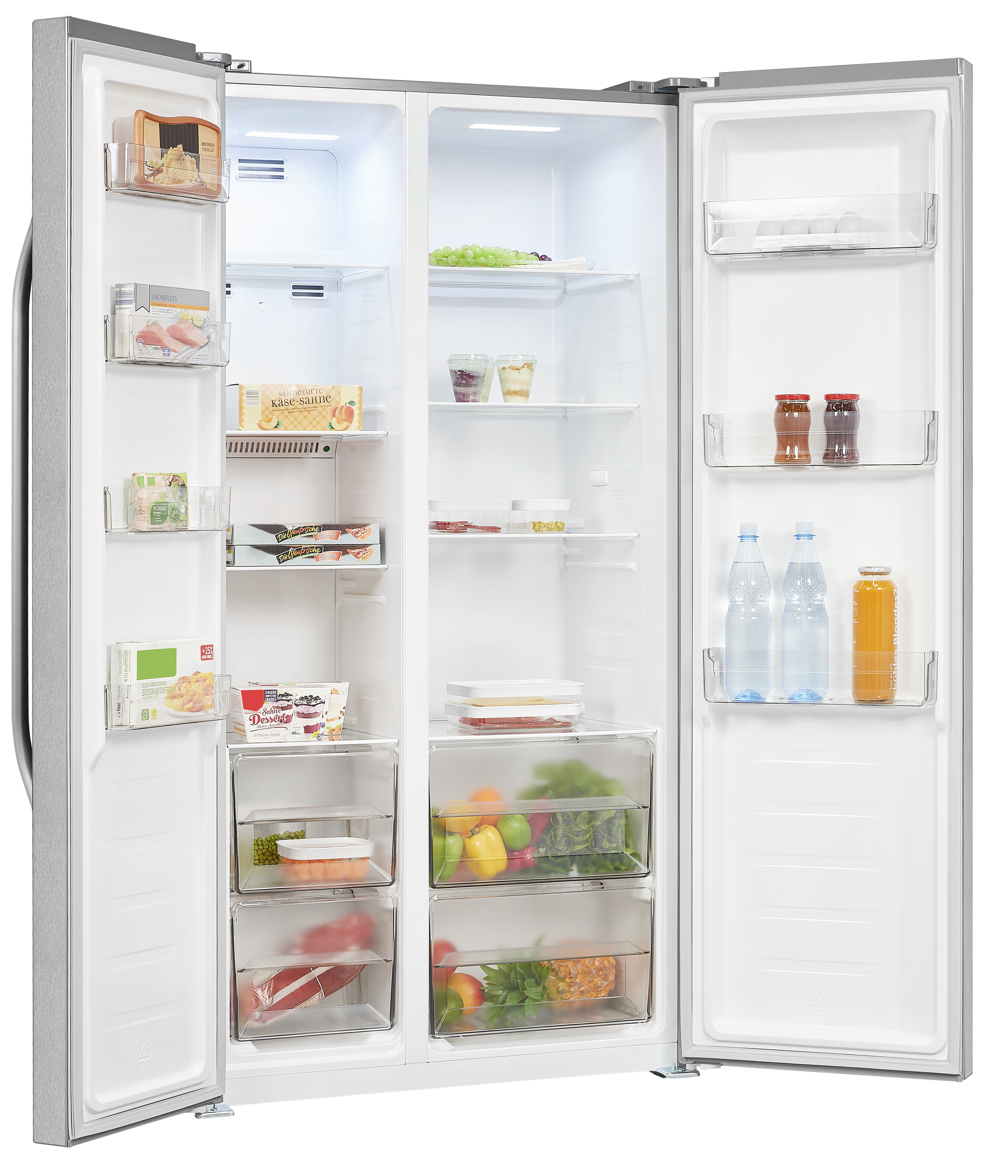 Offener Kühlschrank mit Lebensmitteln und Getränken. Verschiedene Behälter, Obst und Gemüse sind sichtbar.