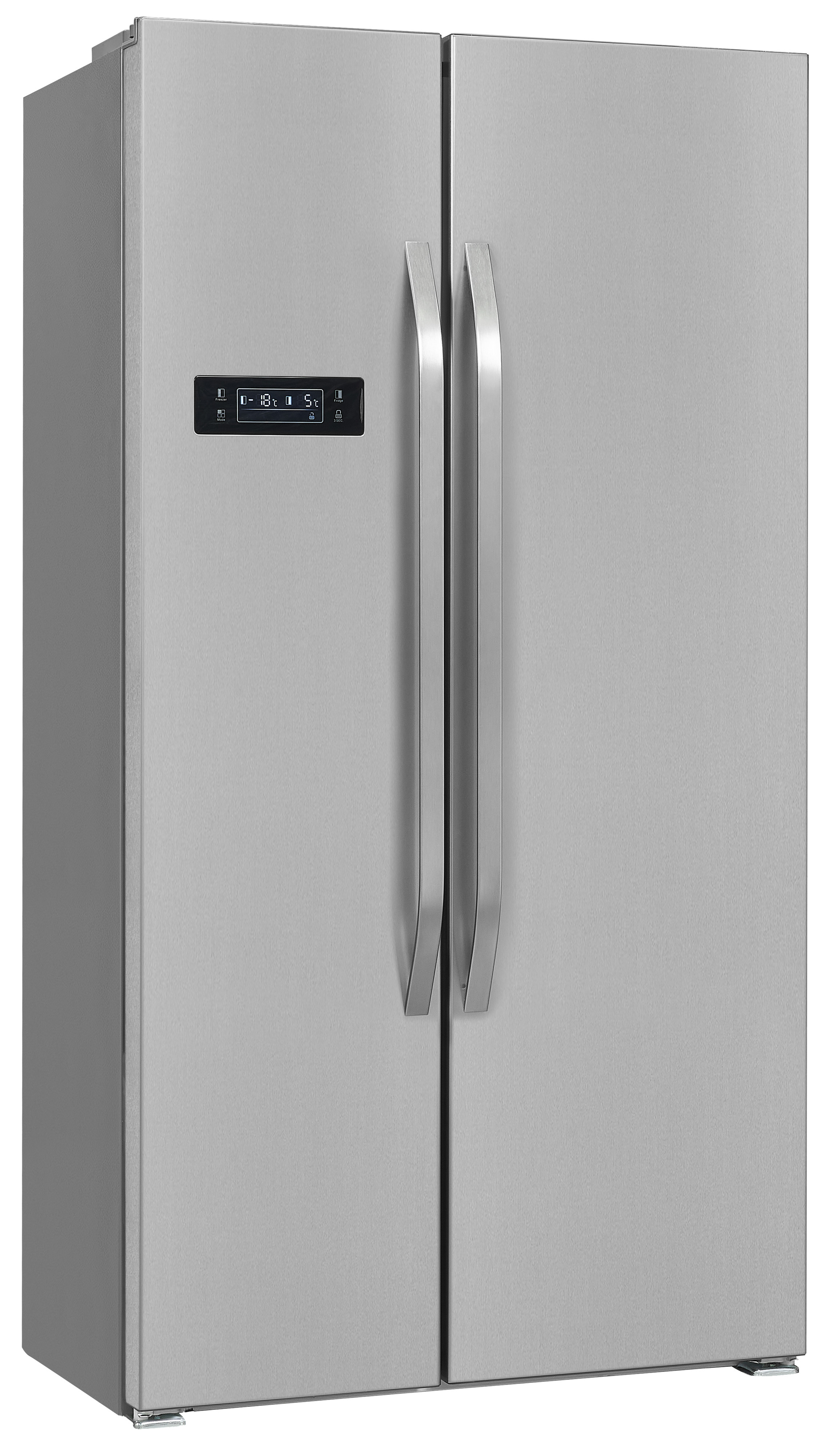 Silberner Side-by-Side-Kühlschrank mit zwei Türen, Digitalanzeige und langen silbernen Griffen.