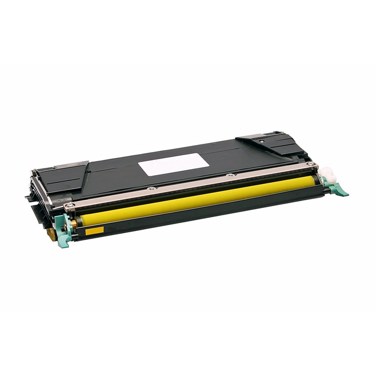 Cartuccia toner per stampante nera e gialla. Rullo giallo visibile. Sfondo bianco.
