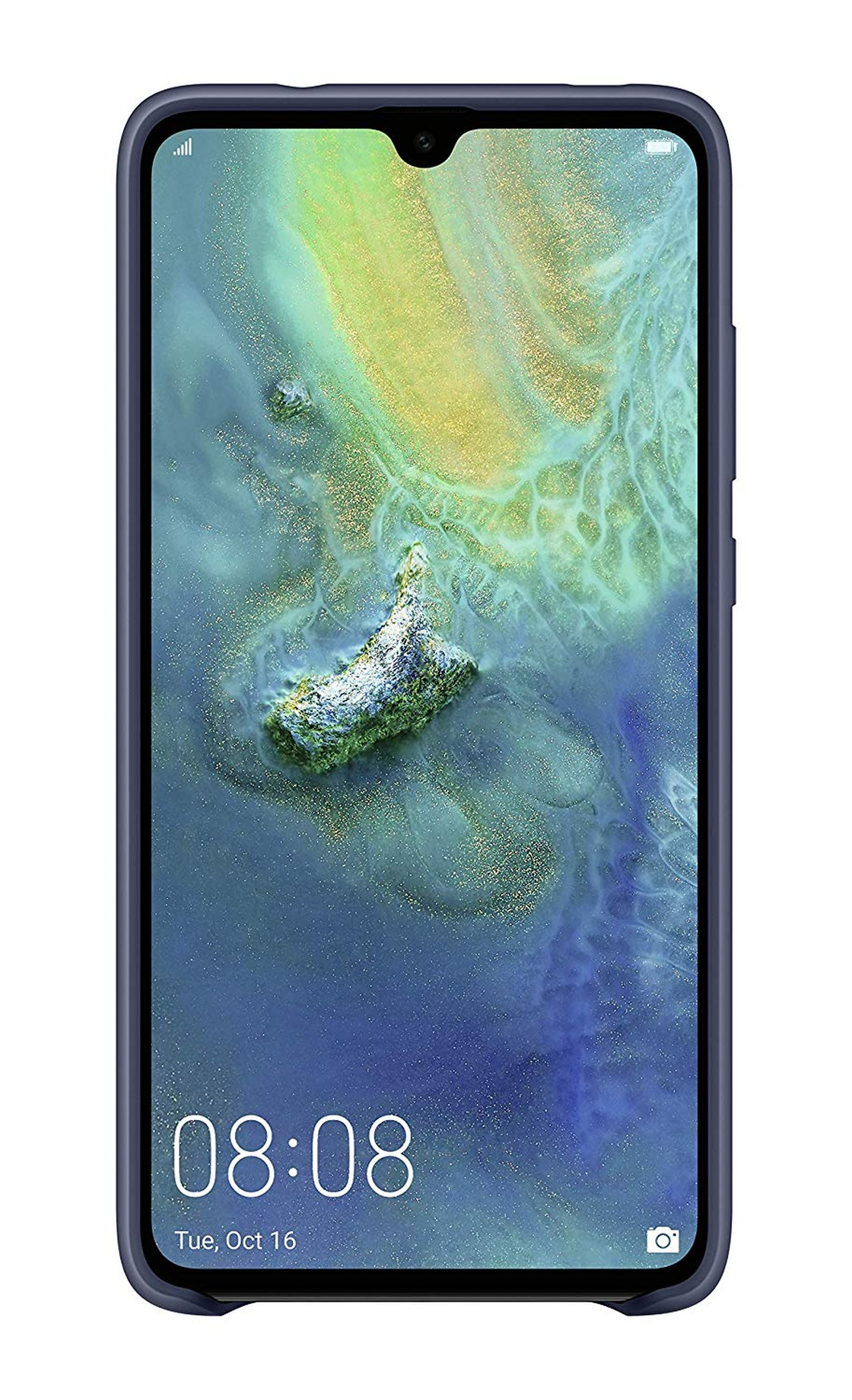 Smartphone con funda azul que muestra un fondo de pantalla con tema de naturaleza. Aislado.