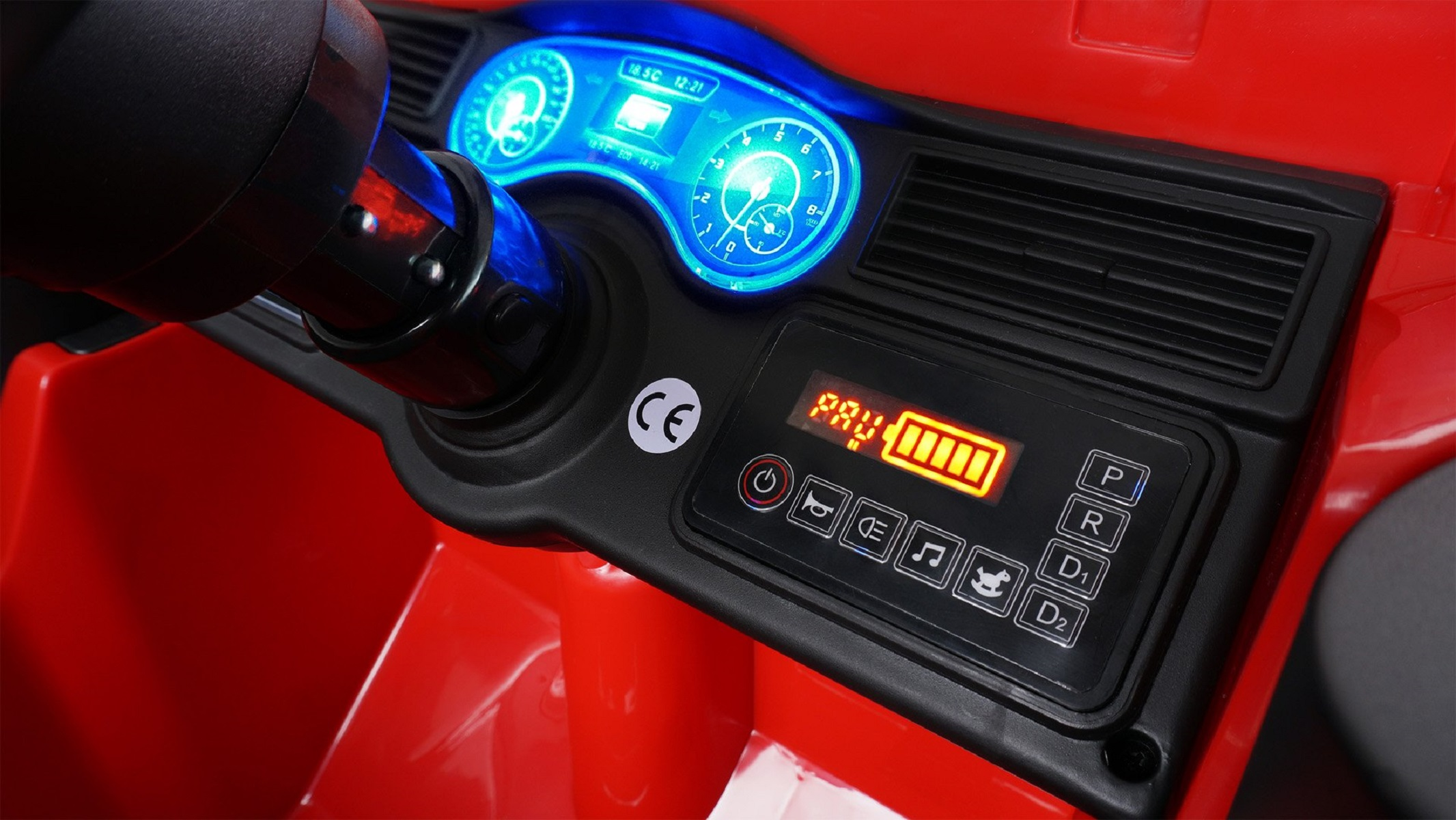 Armaturenbrett eines roten Spielzeugautos mit Anzeigen und Digitalanzeige.