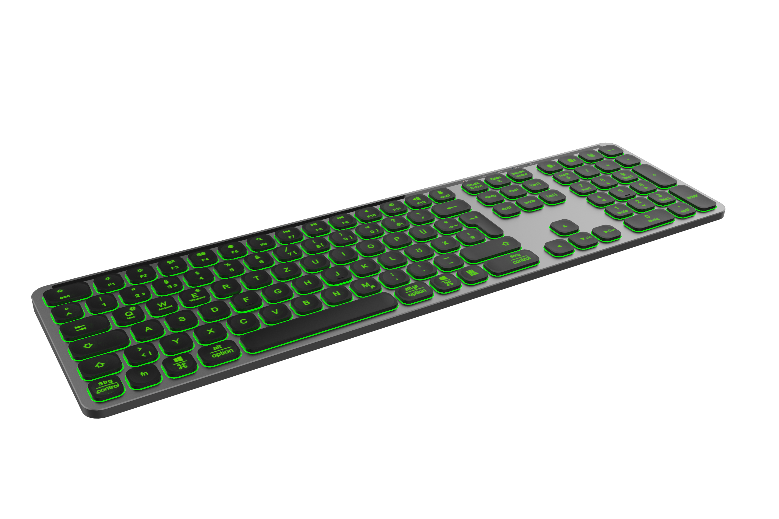 Eine silberne Tastatur mit grün hinterleuchteten Tasten auf schwarzem Hintergrund.