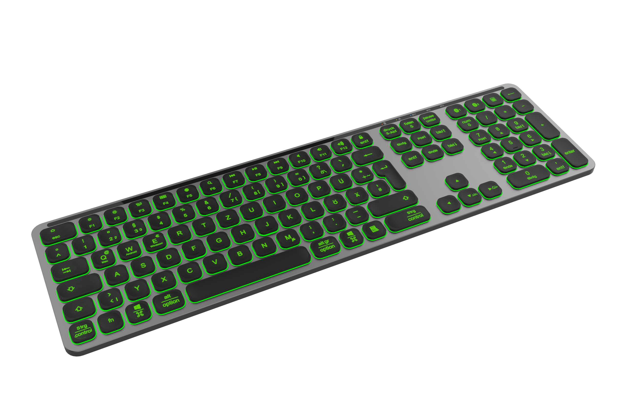 Silberne Tastatur mit grün beleuchteten Tasten, auf schwarzem Hintergrund.