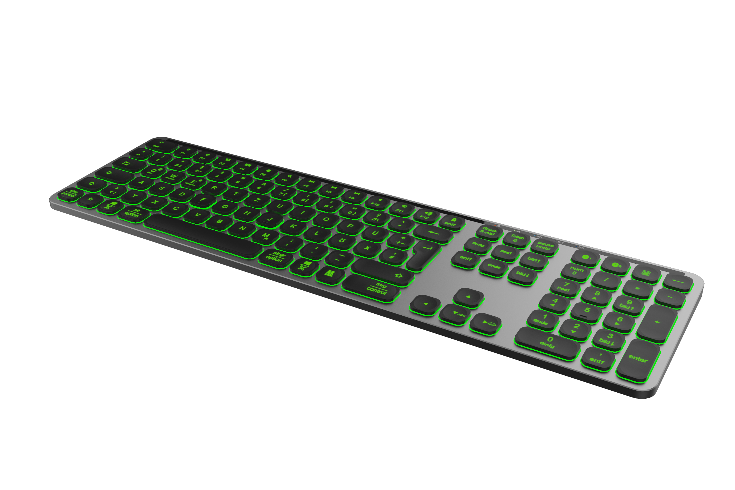 Silberne Tastatur mit grün hinterleuchteten Tasten auf schwarzem Hintergrund.