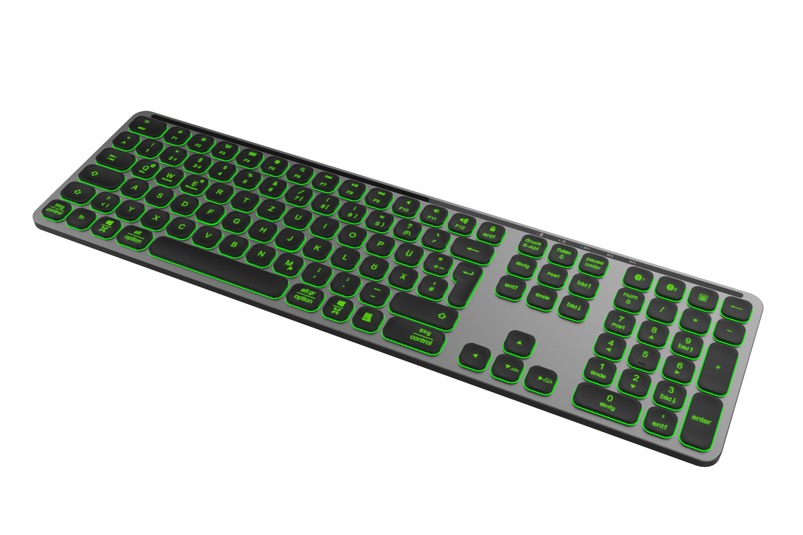 Silberne Tastatur mit grün hinterleuchteten Tasten auf schwarzem Hintergrund.