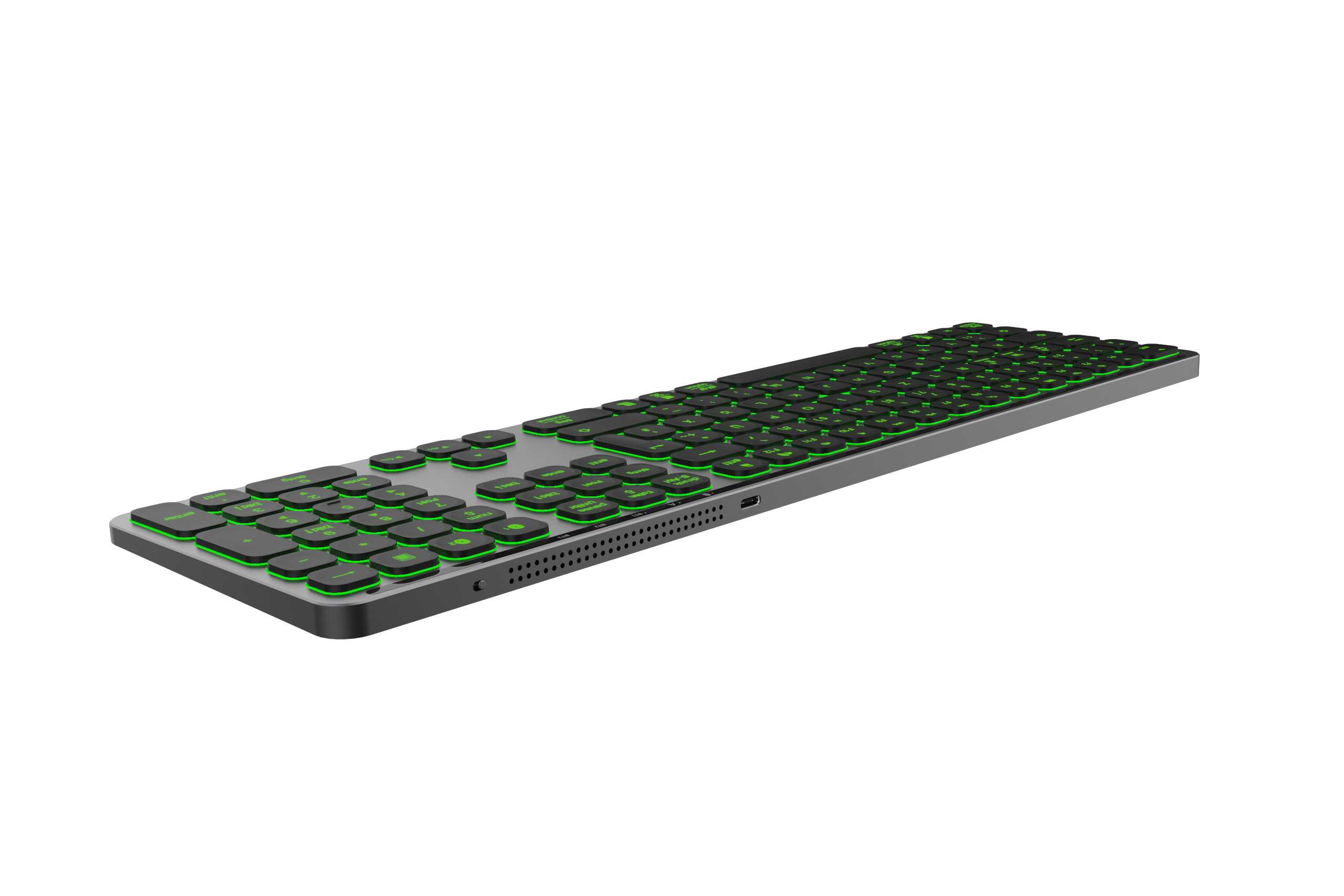 Eine moderne Tastatur mit grün hinterleuchteten Tasten auf silbernem Rahmen vor schwarzem Hintergrund.