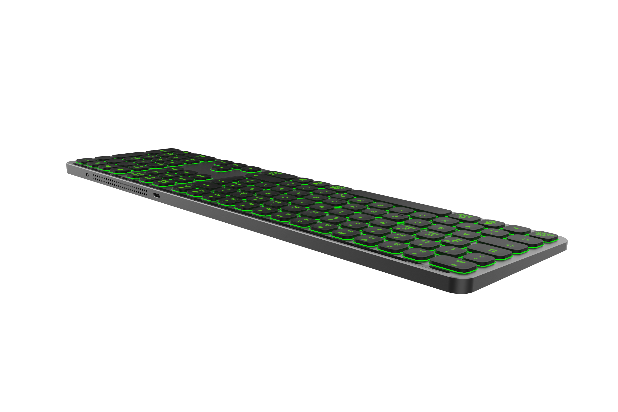 Eine schlanke, silberne Tastatur mit grün hinterleuchteten Tasten, vor schwarzem Hintergrund.