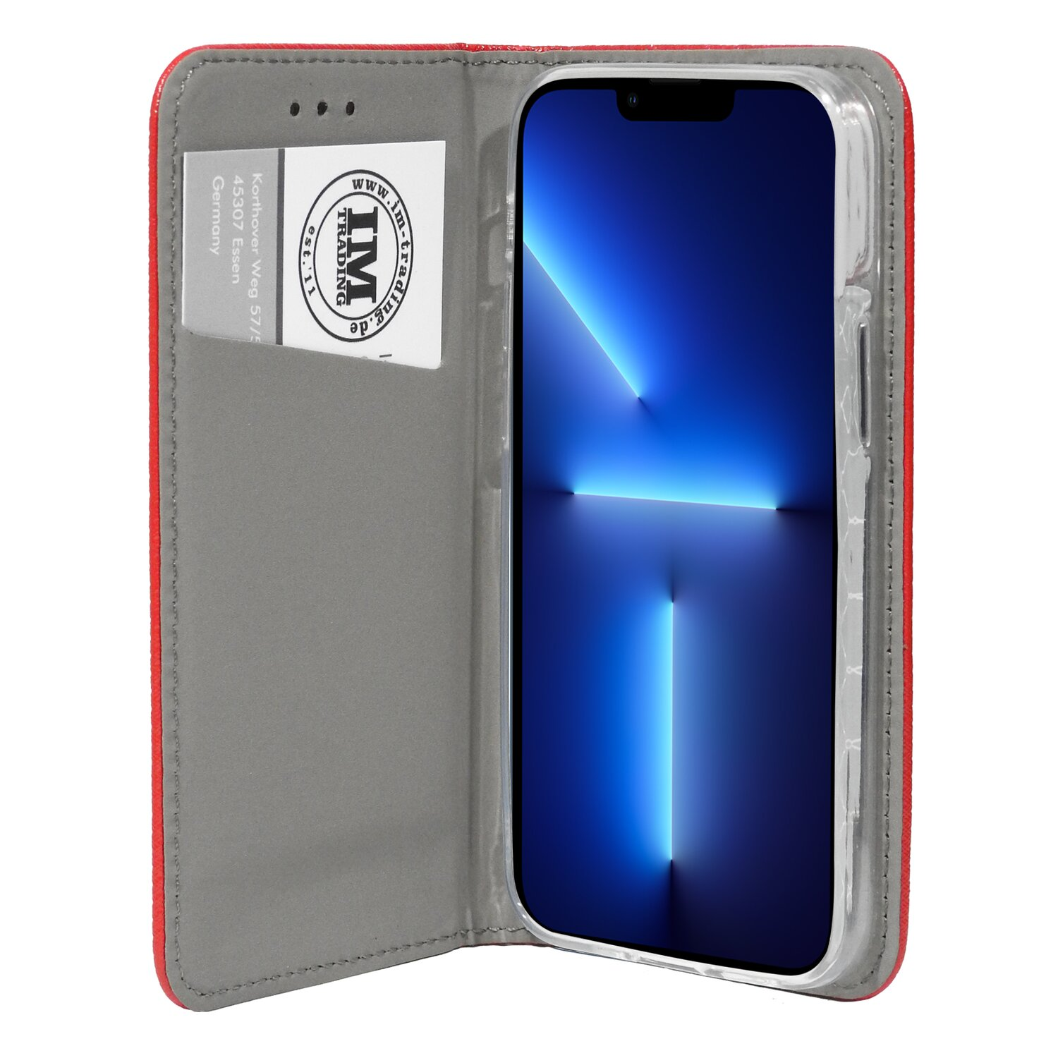 Eine offene rote Handyhülle mit Telefon, blauer Bildschirm und Karte.