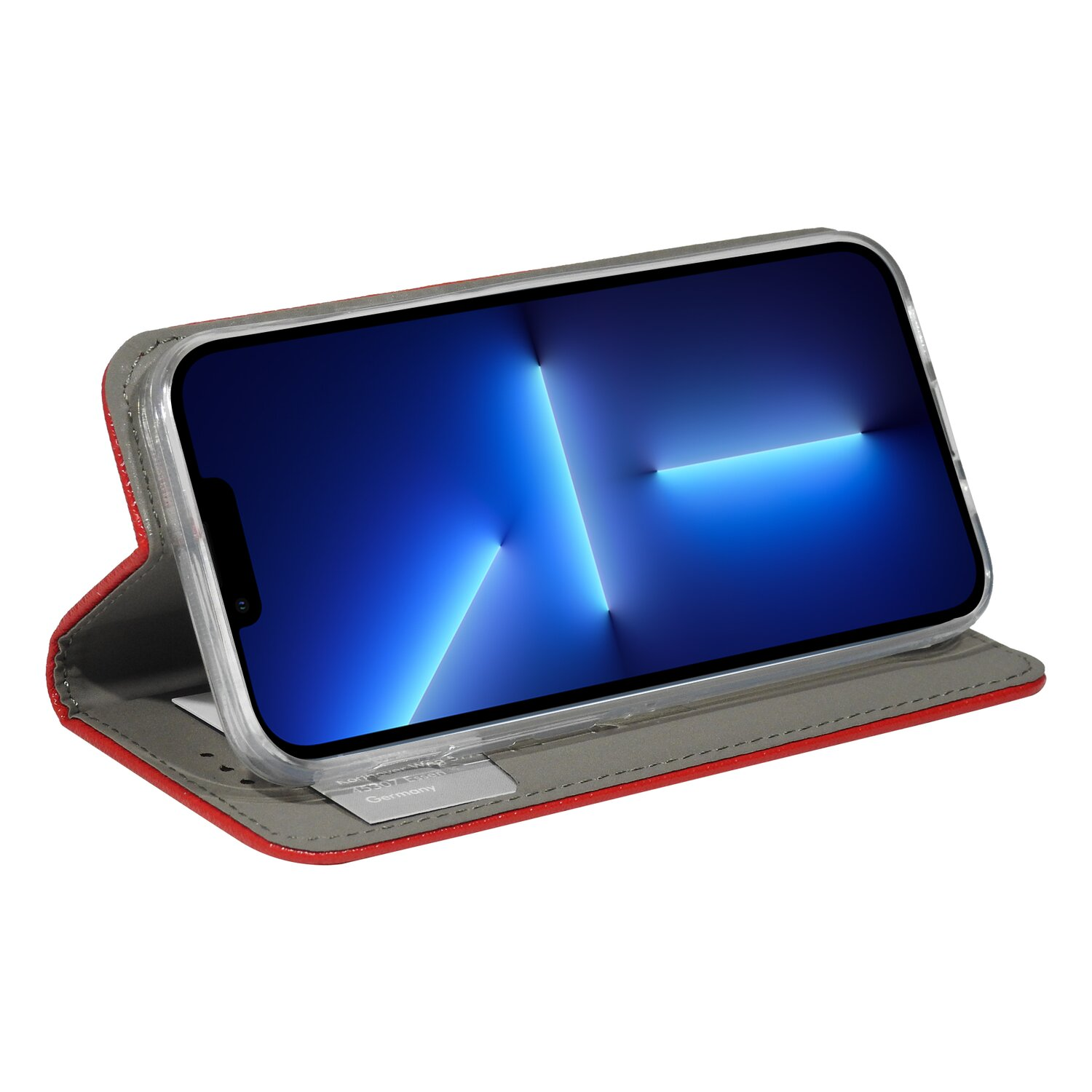 Smartphone in roter Hülle. Der Bildschirm zeigt ein blaues, beleuchtetes Design.
