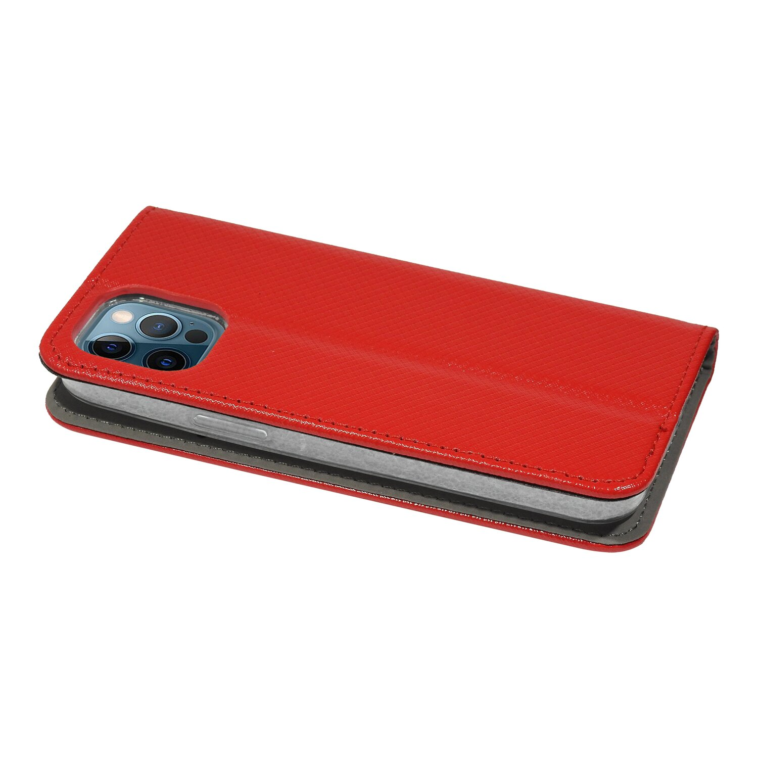 Eine rote Handyhülle, geschlossen, mit sichtbaren Telefonkameras.