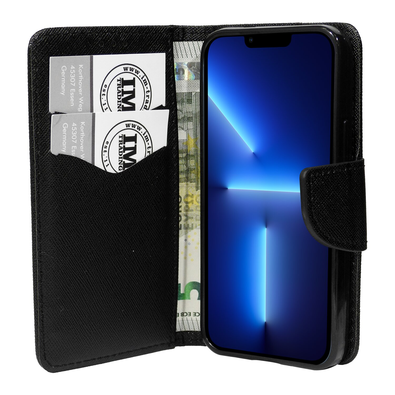 Schwarze Handytasche mit Handy, Karten und Bargeld. Das Handy zeigt einen blauen Bildschirm.