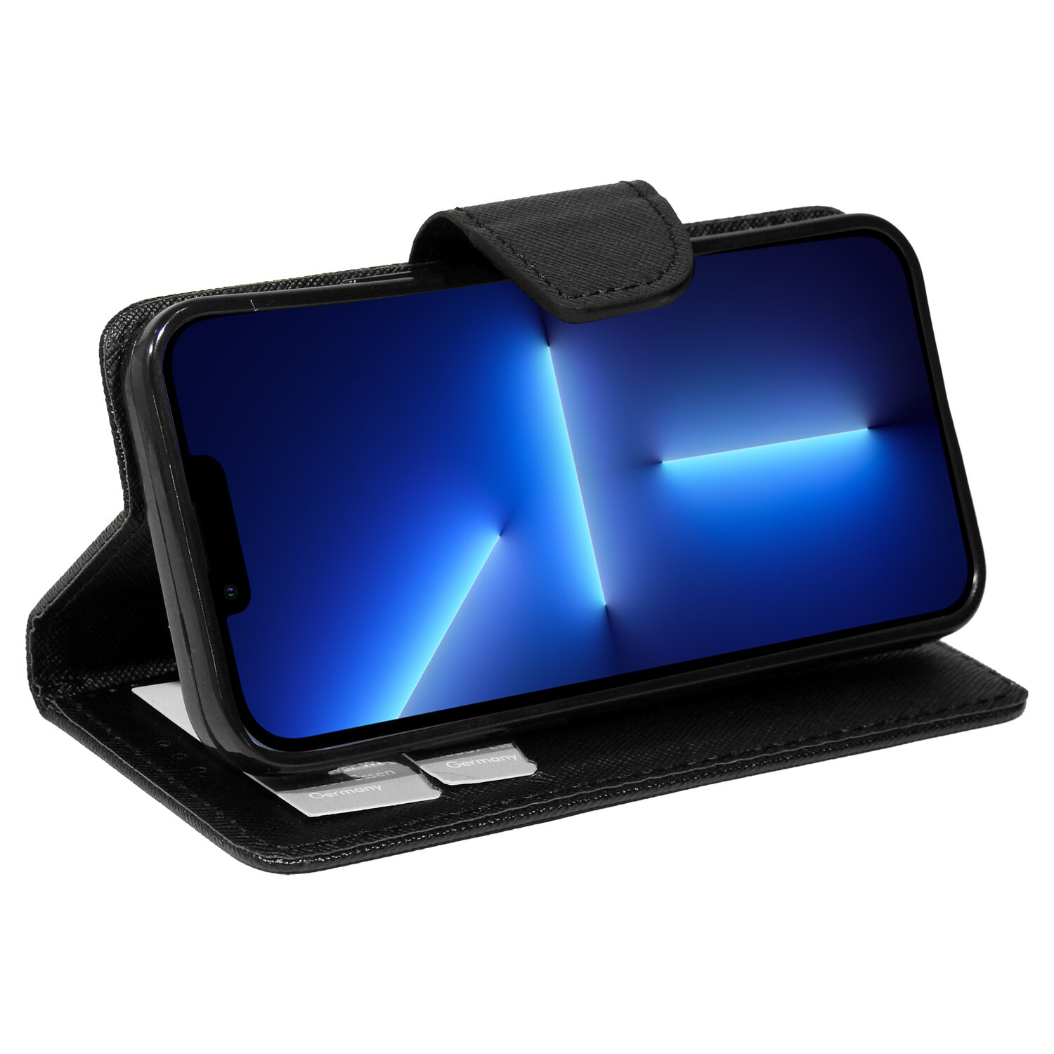 Eine schwarze Handyhülle mit einem Telefon darin, das einen blauen Bildschirm mit einer schwarzen Klappe zeigt.