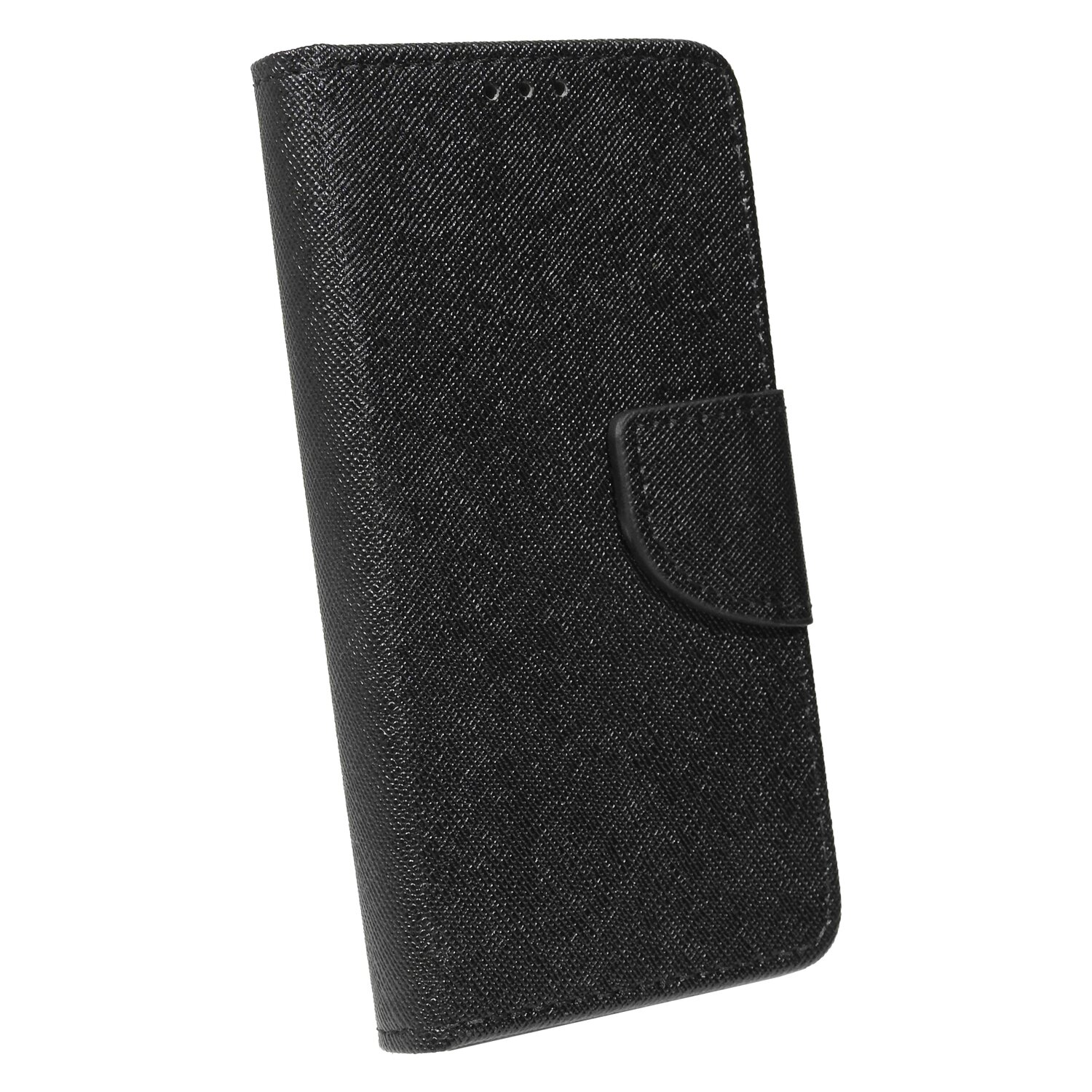 Schwarze Leder-Handyhülle mit Klappe, vor weißem Hintergrund.