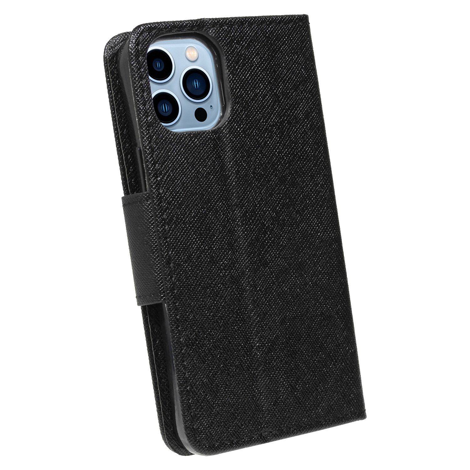 Schwarze Leder-Handyhülle mit Telefon, verschlossen mit Magnetverschluss.