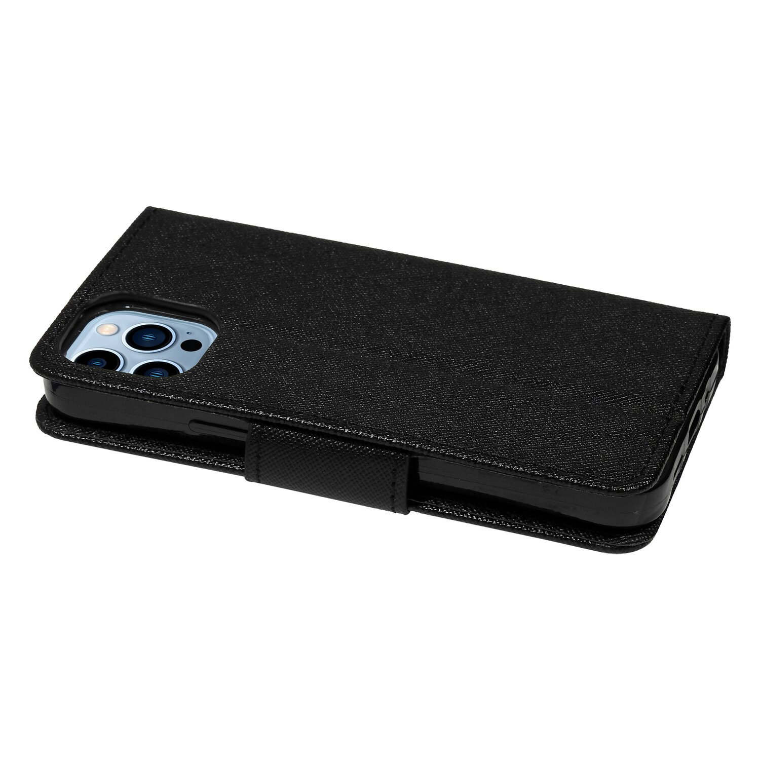 Schwarze Handyhülle mit Telefon, geschlossen, auf weißer Oberfläche.