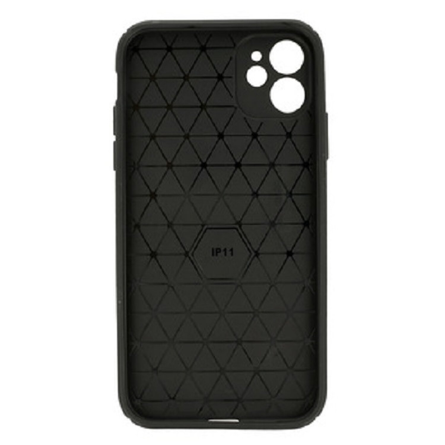 Innenseite einer schwarzen iPhone 11 Handyhülle mit geometrischem Muster.