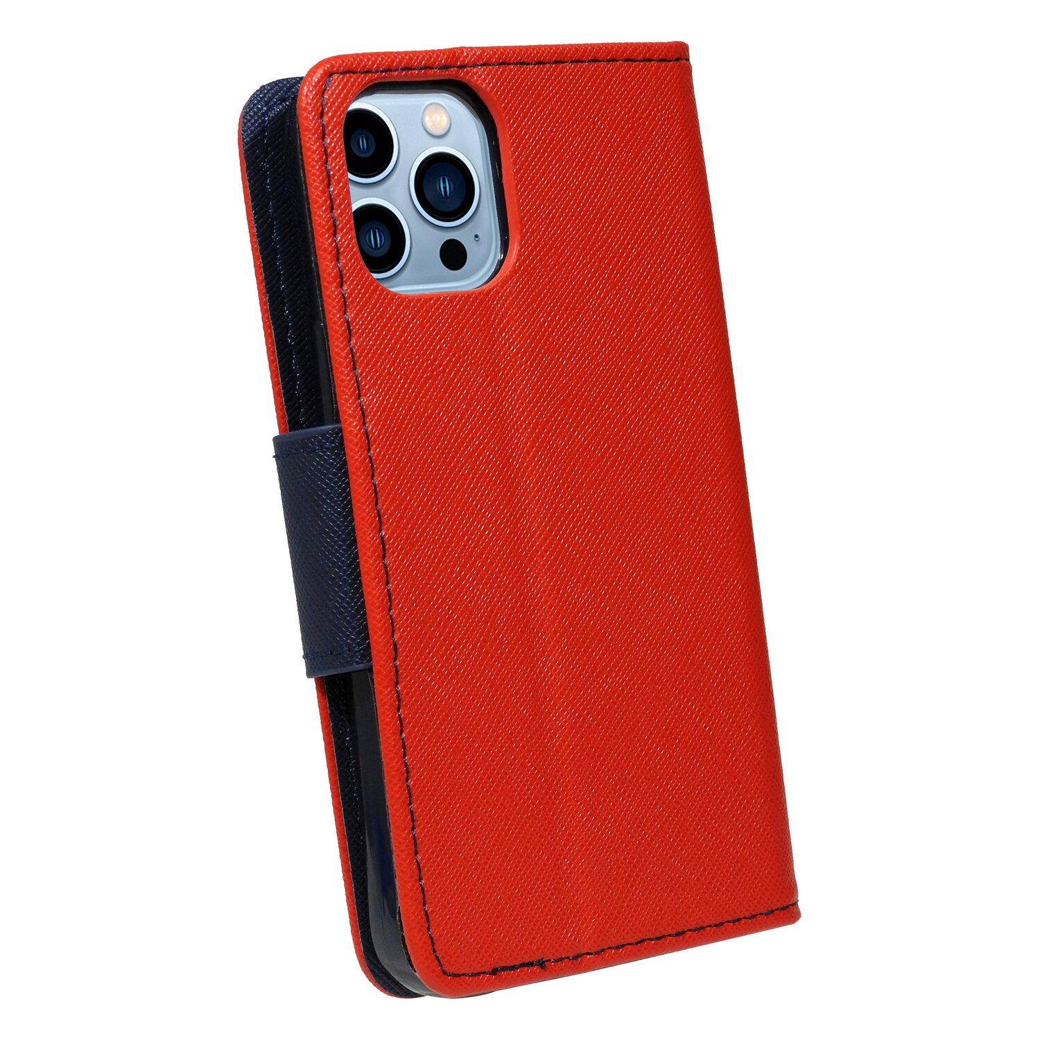 Rote Handyhülle mit dunkelblauem Innenraum und einem Telefon mit Dreifachkameras.