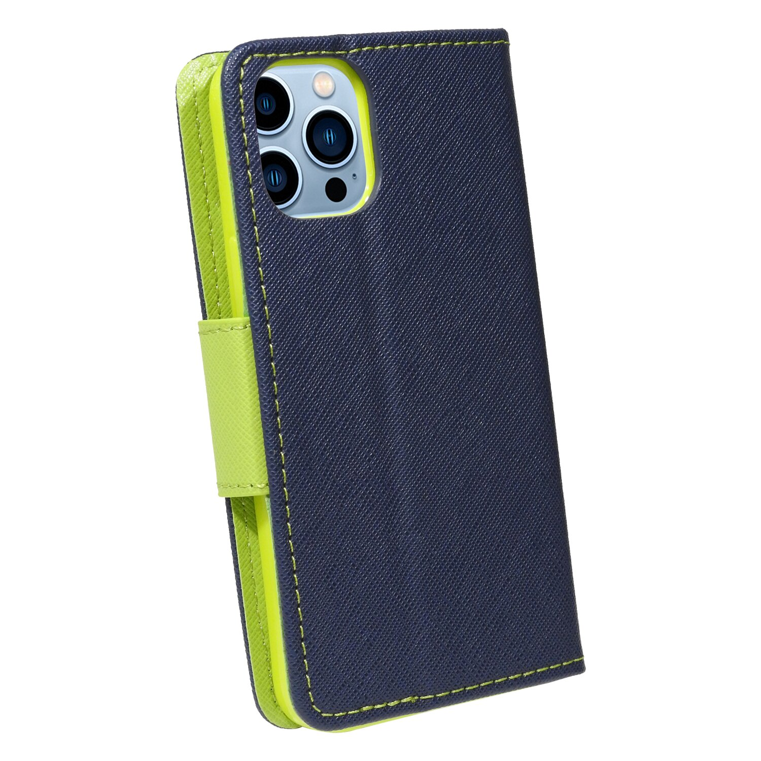 Ein Telefon in einer marineblauen und limettengrünen Hülle. Die Hülle ist offen und zeigt die Kamera des Telefons.