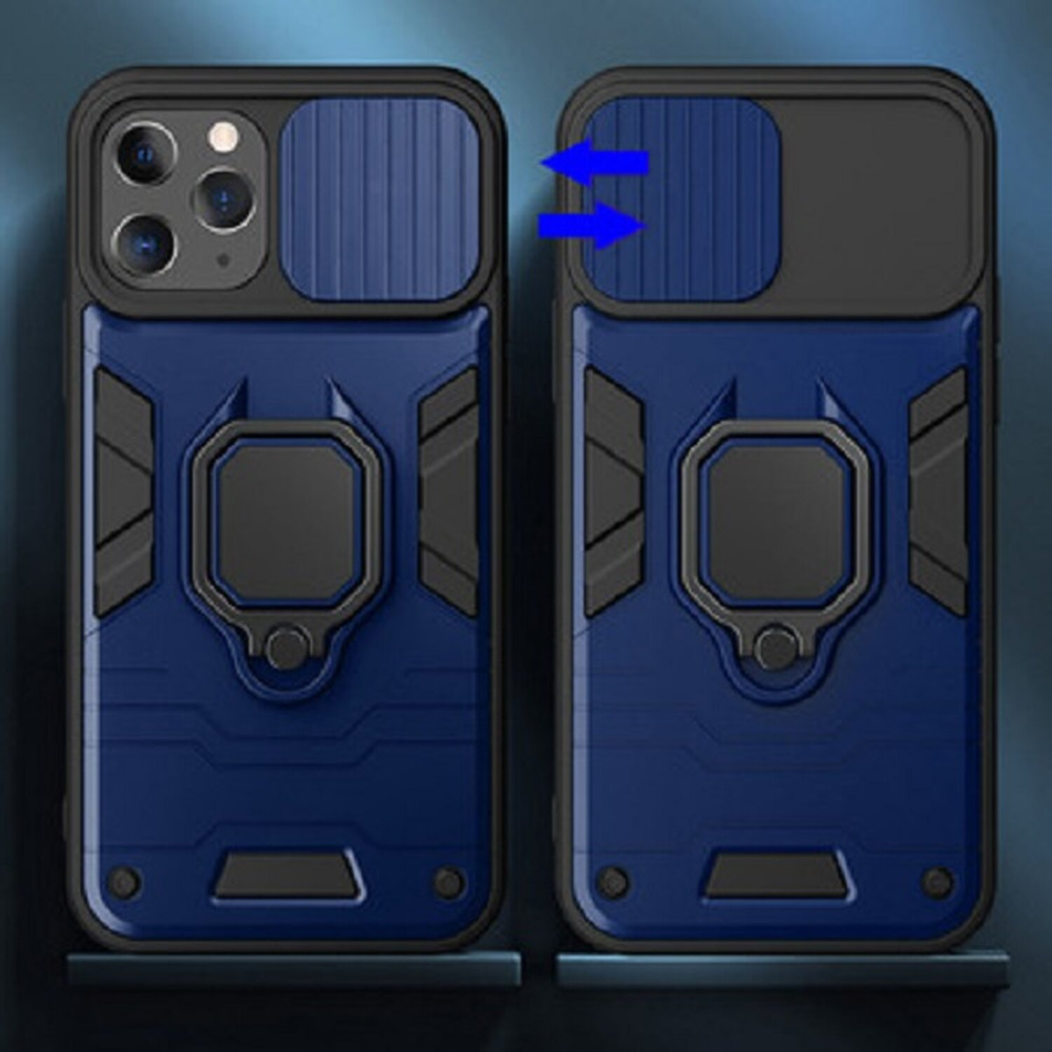 Zwei Handyhüllen nebeneinander. Beide haben blaues Design und Kameraabdeckung.