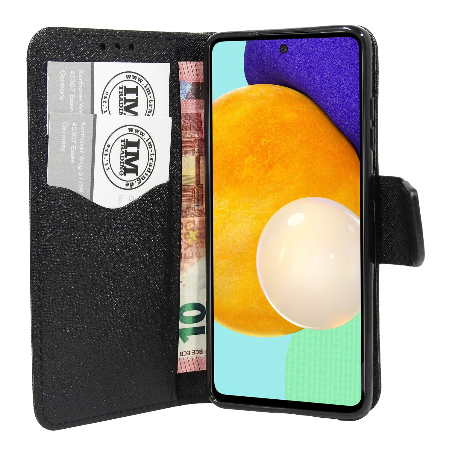 Schwarze Handyhülle. Ein Telefon ist innen, mit Karten- und Geldfächern.