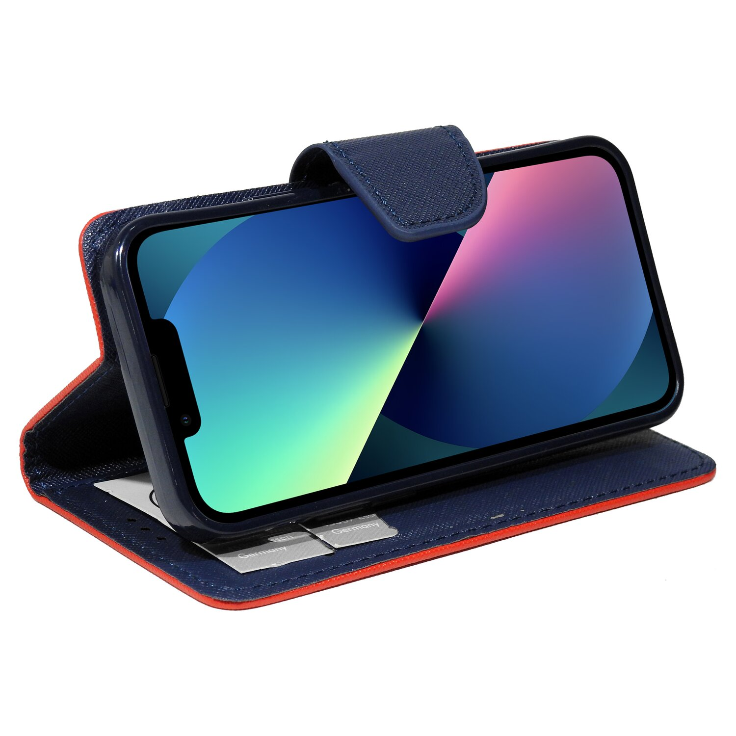 Smartphone in blauem, geöffnetem Etui, das seinen Bildschirm zeigt.