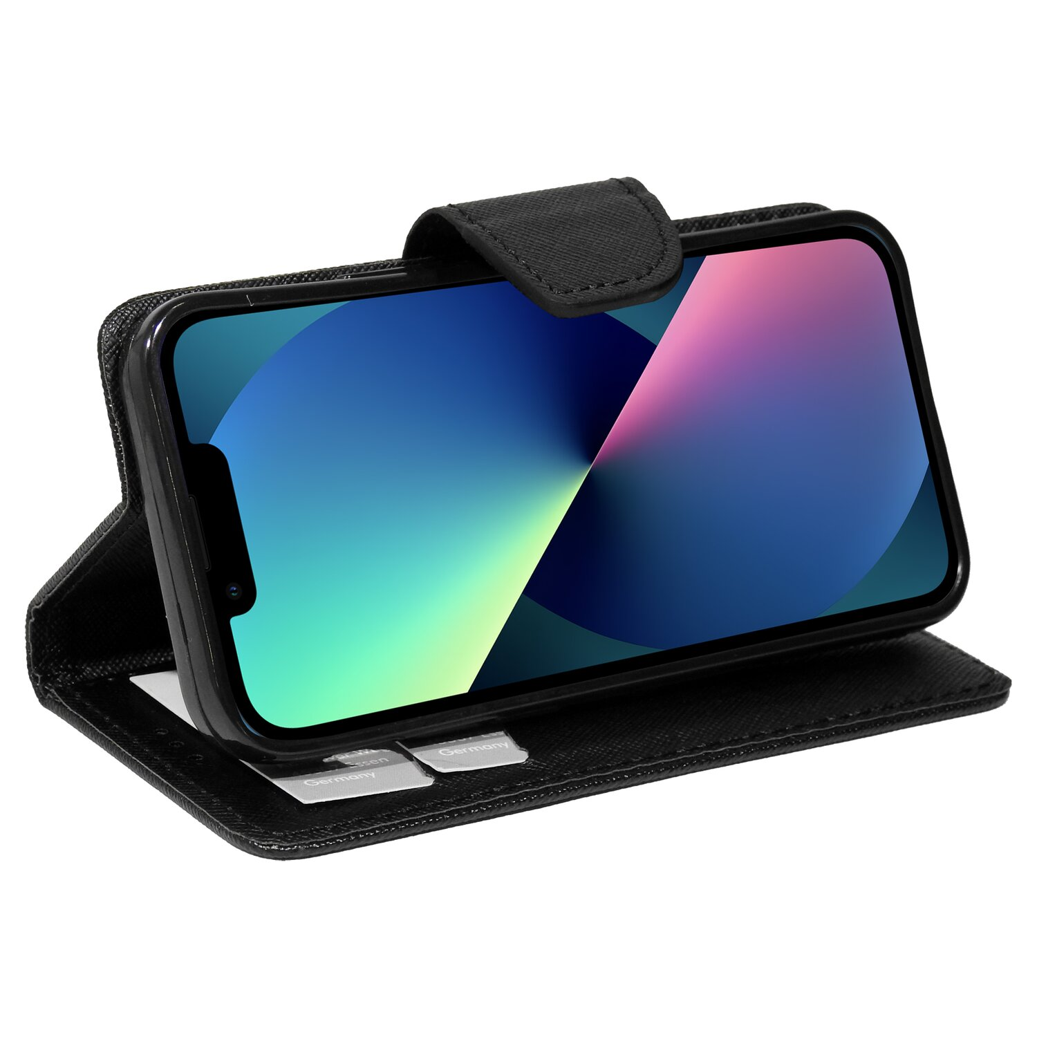Schwarzes Telefon in einer schwarzen Brieftasche, das einen farbenfrohen Bildschirm zeigt. Weißer Hintergrund.