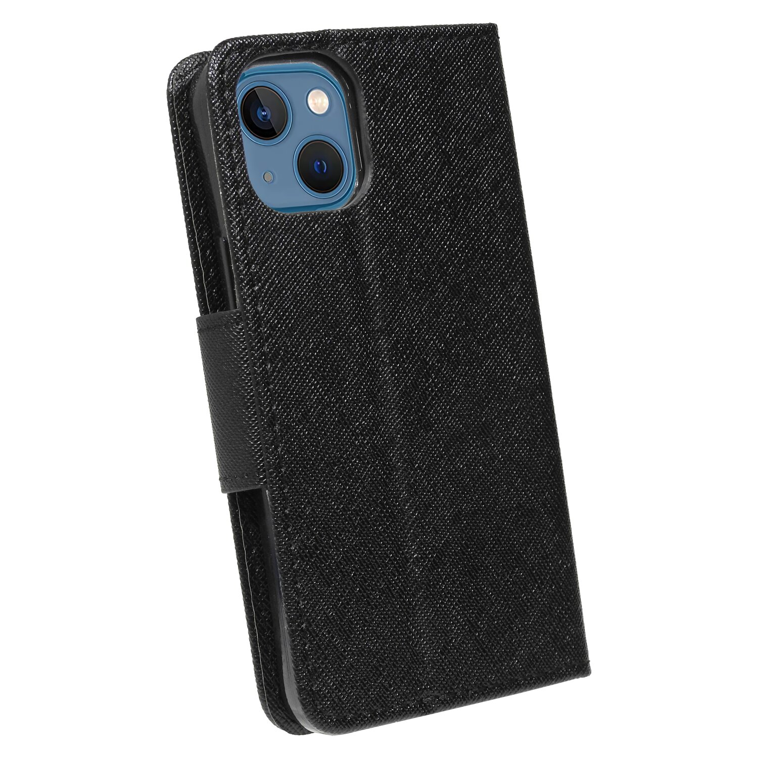 Schwarze Handyhülle mit Handy innen, mit zwei Kameras.