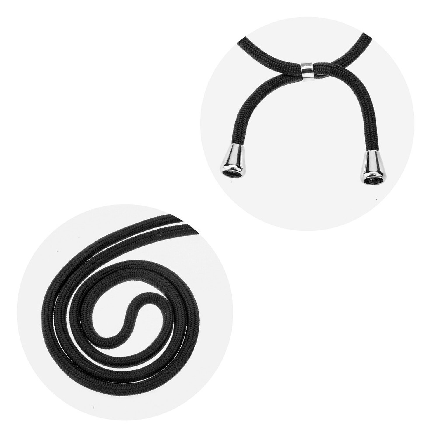 Nahaufnahme eines schwarzen Telefon-Lanyards mit Metallbeschlägen. Zwei kreisförmige Details werden gezeigt.