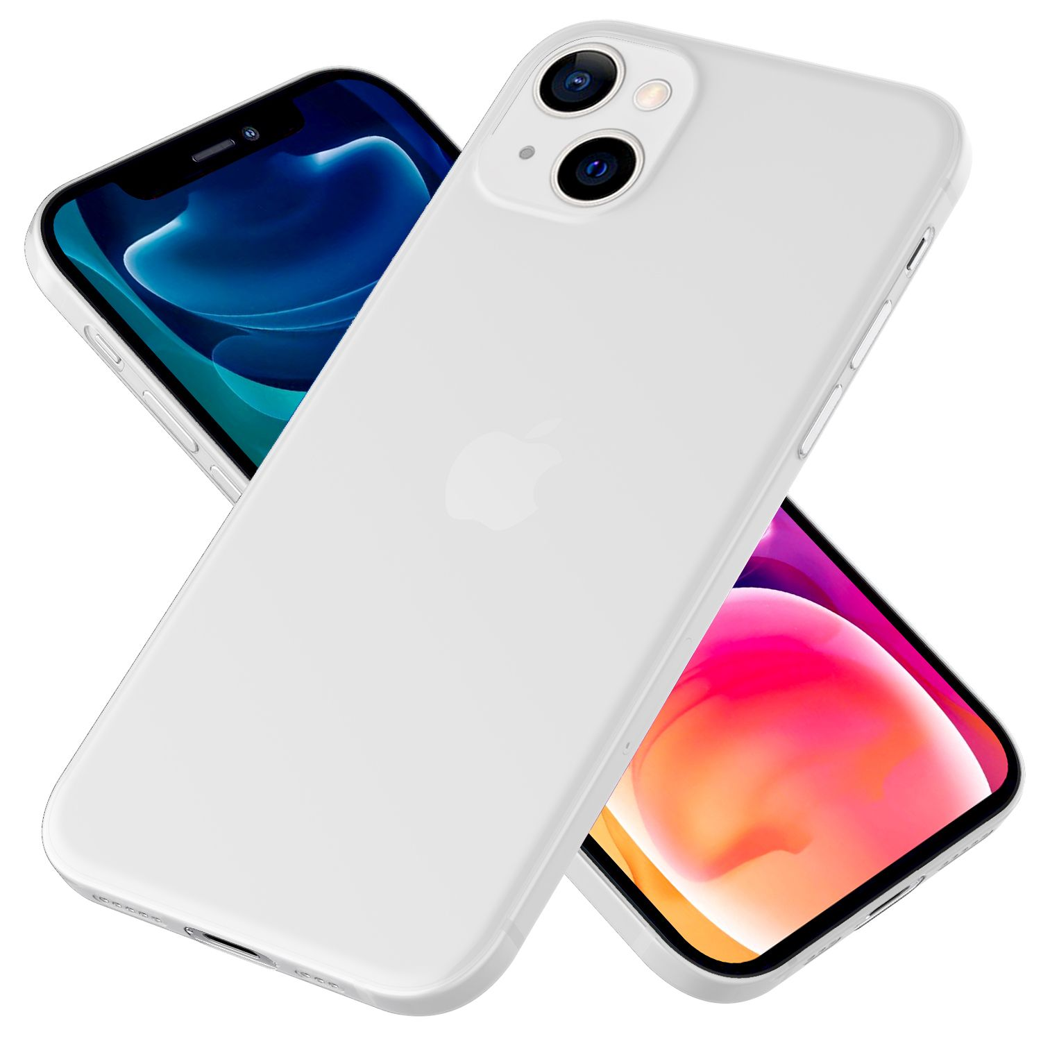 Zwei weiße iPhones, eines zeigt die Rückseite mit Kameras, das andere die Vorderseite.
