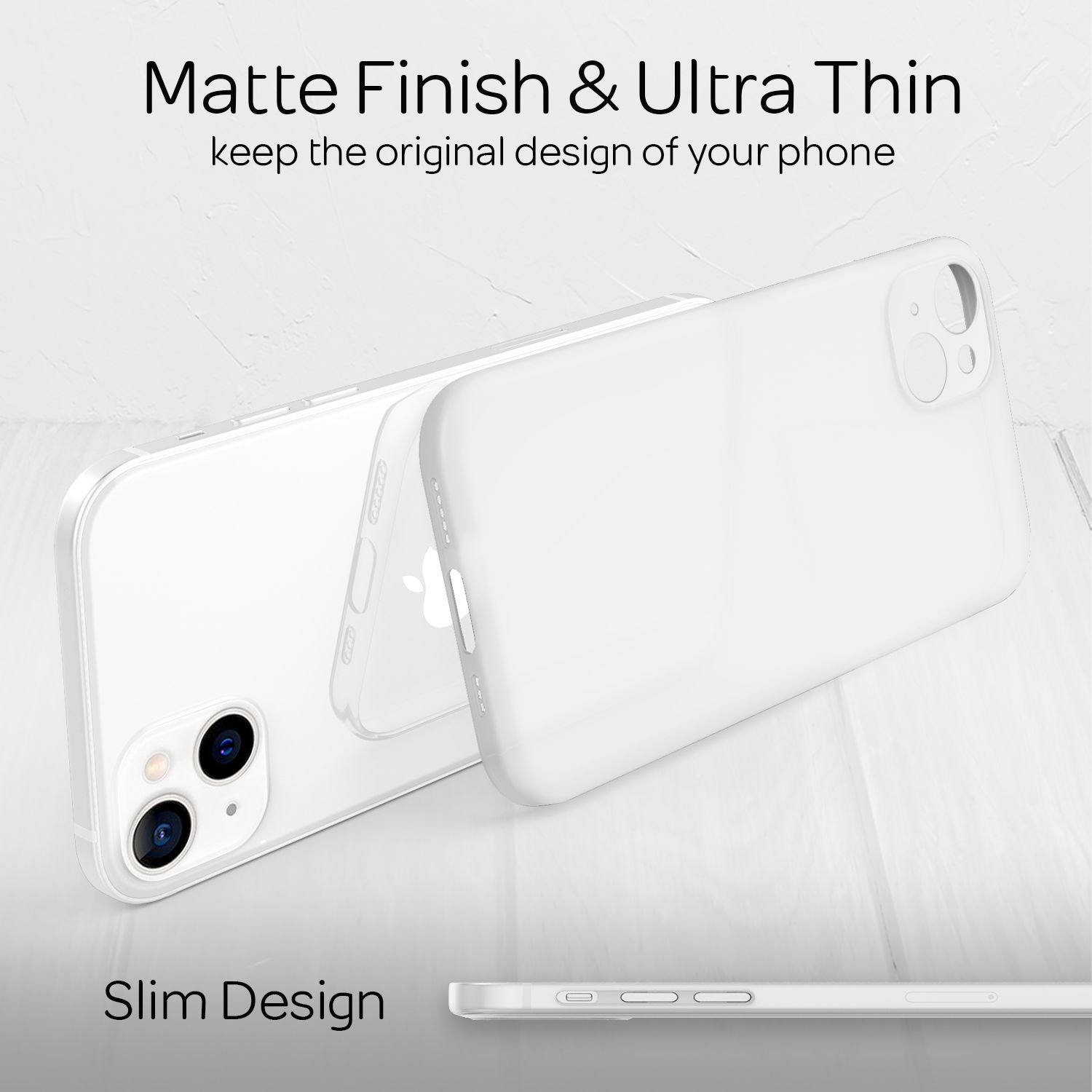 Zwei weiße Handyhüllen, eine auf einem Telefon, zeigen mattes Finish und schlankes Design.