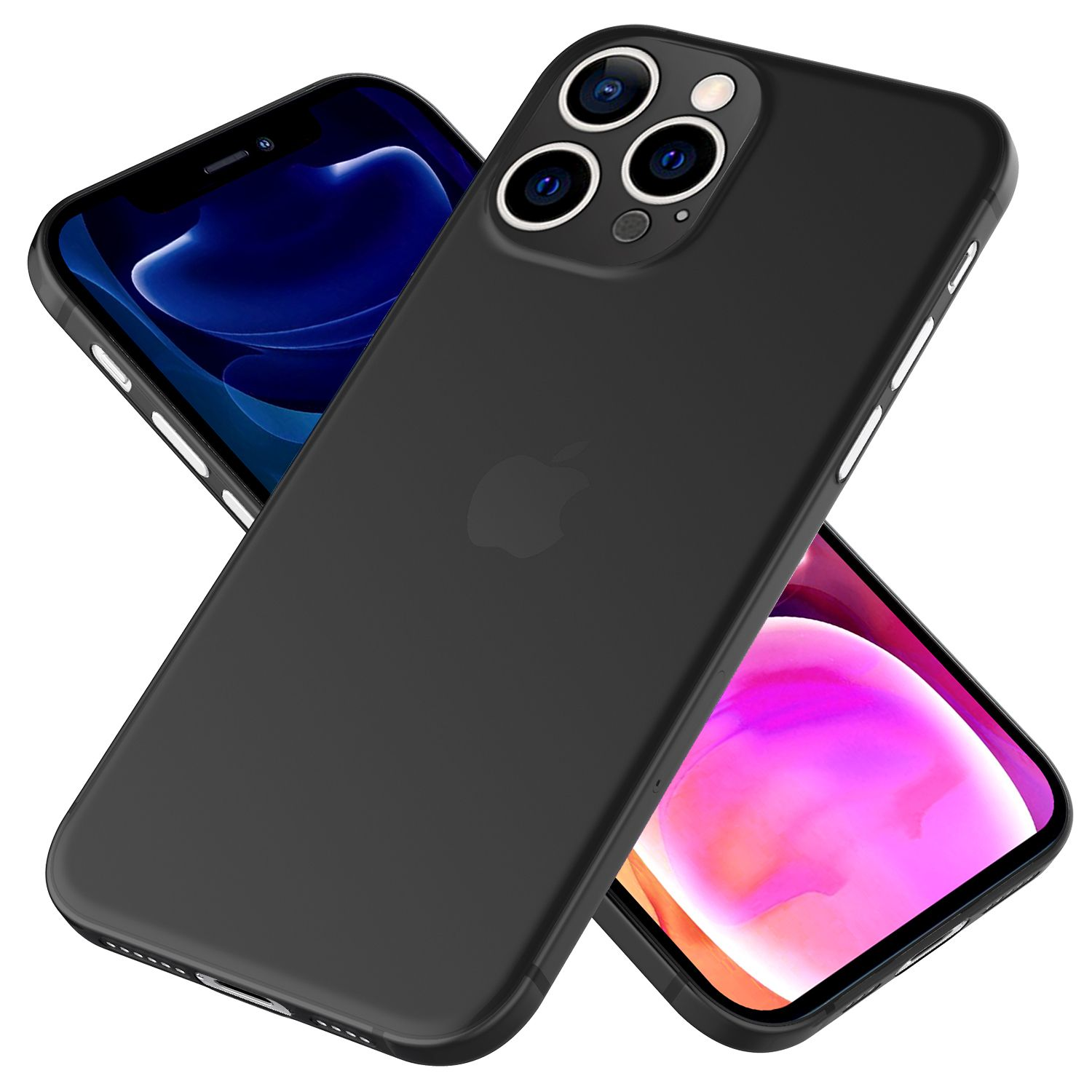 Schwarze Handyhülle. Zwei Telefone mit Hüllen. Apple-Logo. Schwarzer Kameraring. Schwarzer Hintergrund.